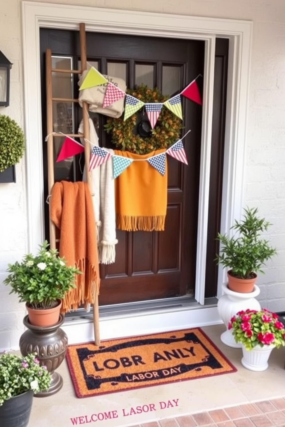 A decorative ladder leans against the wall in the entryway, adorned with a variety of cozy blankets in warm hues. Colorful flags are draped across the ladder, adding a festive touch to the space, perfect for celebrating Labor Day. The entryway features a welcoming mat with a seasonal design, inviting guests into the home. Potted plants flank the door, complementing the ladder display and enhancing the overall festive atmosphere.