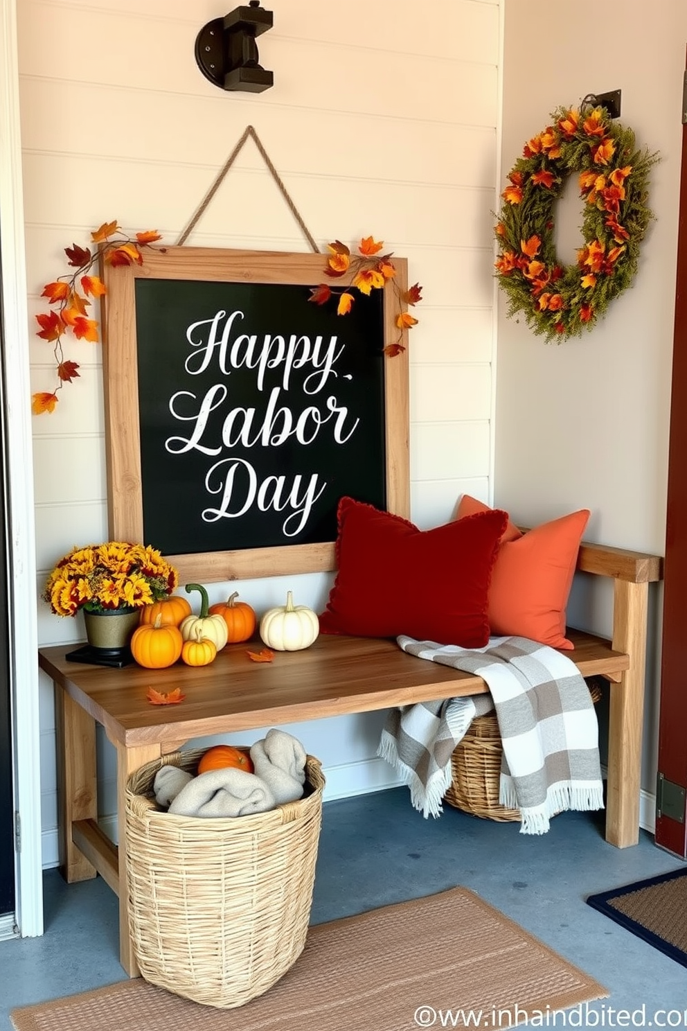 A charming entryway featuring a chalkboard sign that reads Happy Labor Day in elegant white lettering. Surrounding the sign are seasonal decorations like small pumpkins and autumn leaves, creating a warm and inviting atmosphere. The entryway is adorned with a rustic bench made of reclaimed wood, topped with cozy cushions in rich fall colors. A woven basket sits beside the bench, filled with blankets for guests to use on cool evenings.