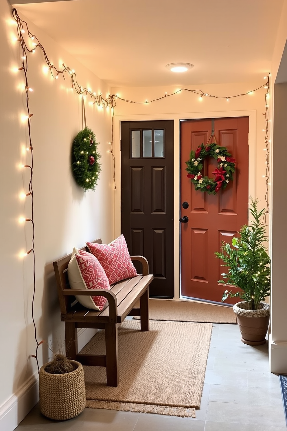 A welcoming entryway adorned with string lights casting a warm festive glow. The walls are painted in a soft cream color, and a rustic wooden bench sits against one side, decorated with vibrant cushions. On the floor, a woven jute rug adds texture, while a potted plant in the corner brings a touch of greenery. A seasonal wreath hangs on the door, creating an inviting atmosphere for guests.