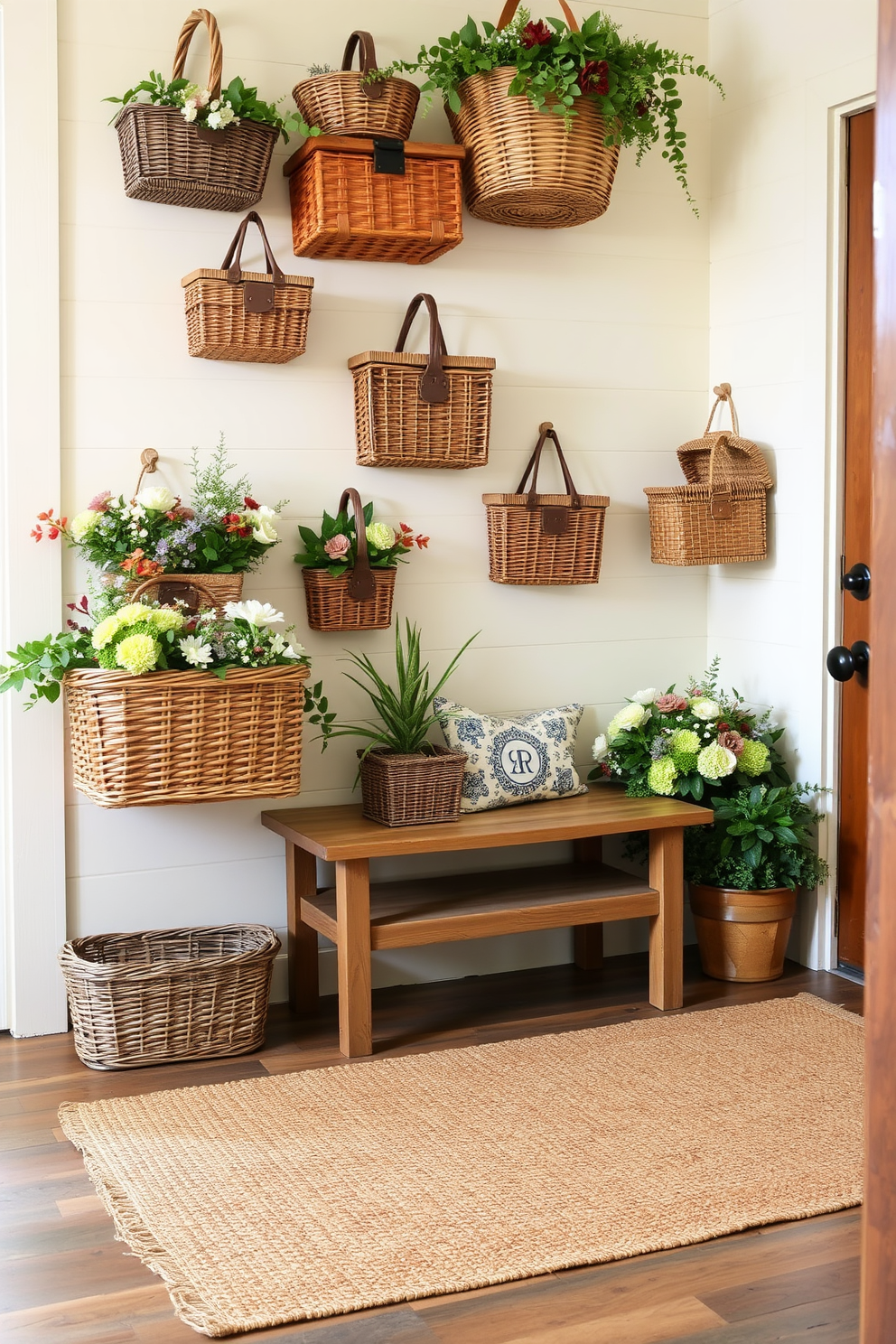 A charming entryway adorned with vintage picnic baskets. The baskets are arranged in varying sizes, filled with seasonal flowers and greenery, creating a welcoming atmosphere. The walls are painted in a soft cream color, complemented by a rustic wooden bench nearby. A woven rug lays beneath the bench, adding texture and warmth to the space.