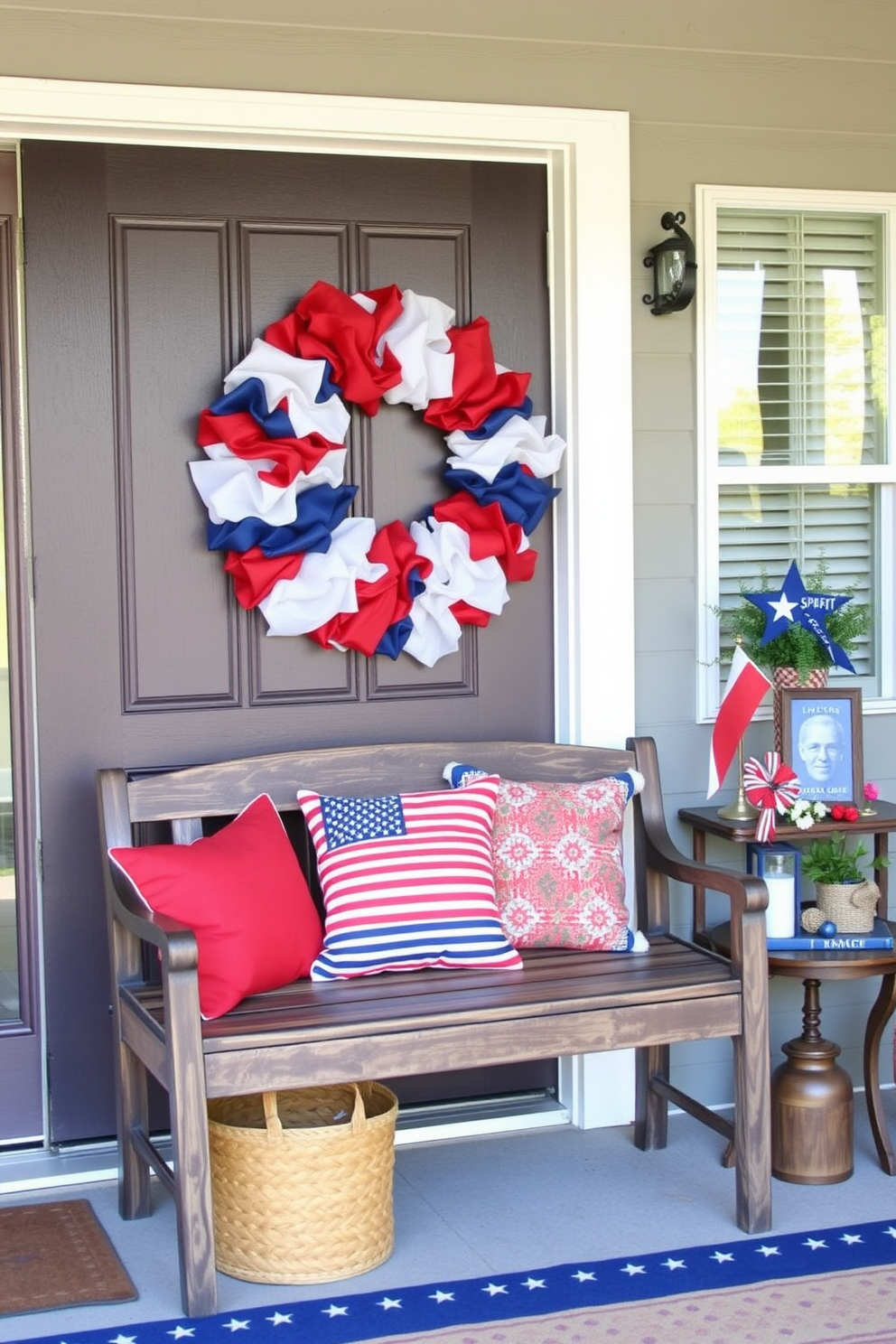 A vibrant red white and blue wreath adorns the front door, celebrating the spirit of Labor Day. The entryway is filled with festive decorations, featuring a rustic bench with throw pillows in coordinating colors and a small table displaying seasonal accents.