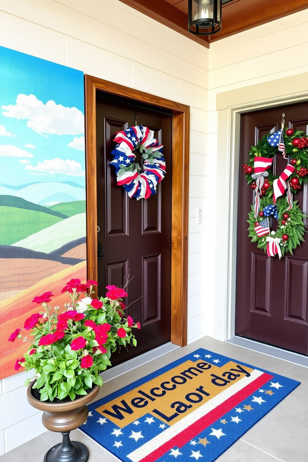 Seasonal artwork featuring American themes. A vibrant canvas depicts a classic American landscape with rolling hills and a clear blue sky, accented by a rustic wooden frame. Labor Day Entryway Decorating Ideas. The entryway is adorned with a cheerful welcome mat featuring stars and stripes, complemented by a display of red, white, and blue wreaths on the door.