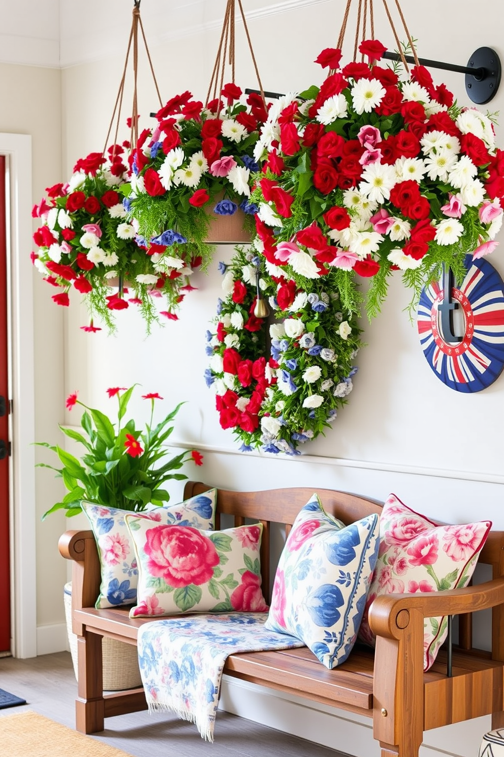 Hanging floral arrangements in red white and blue create a vibrant and welcoming atmosphere. The entryway features a rustic wooden bench adorned with patterned throw pillows that complement the floral theme.