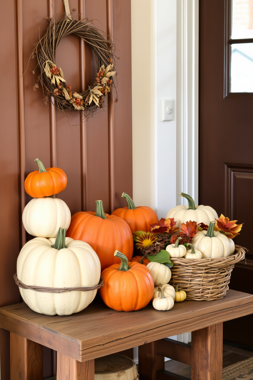 A cozy entryway adorned with faux pumpkins in various sizes and shades of orange and white. The pumpkins are arranged on a rustic wooden bench, complemented by a woven basket filled with autumn leaves and small gourds. A welcoming atmosphere is created with a warm, inviting color palette of deep browns and soft creams. A simple wreath made of twigs and dried flowers hangs on the door, enhancing the seasonal charm of the space.