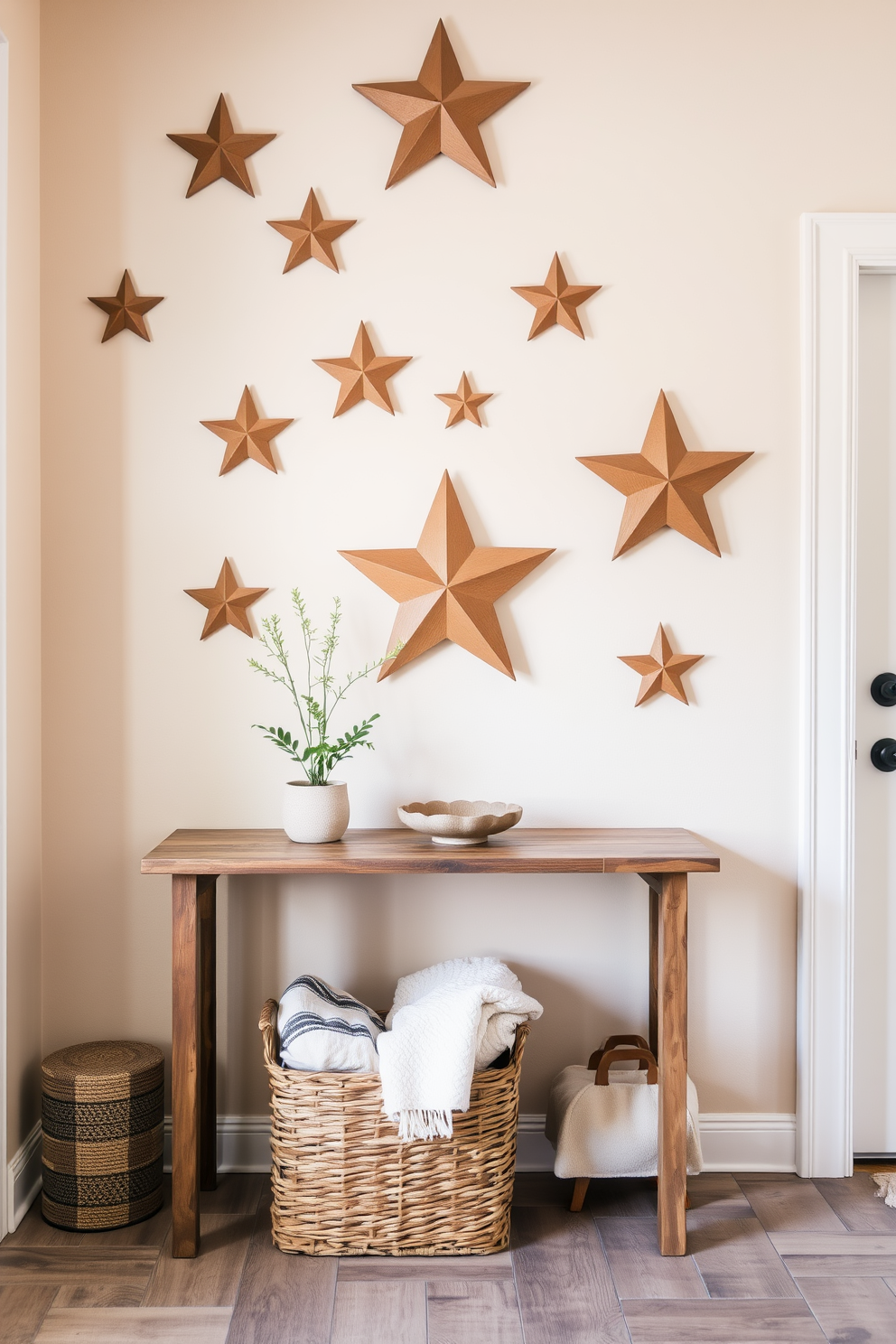 A charming entryway adorned with wooden stars on the wall creates a warm and inviting atmosphere. The stars are arranged in a playful pattern, complementing the soft beige color of the walls. A rustic console table sits against the wall, topped with a small potted plant and a decorative bowl. A woven basket underneath holds cozy blankets, adding both style and functionality to the space.