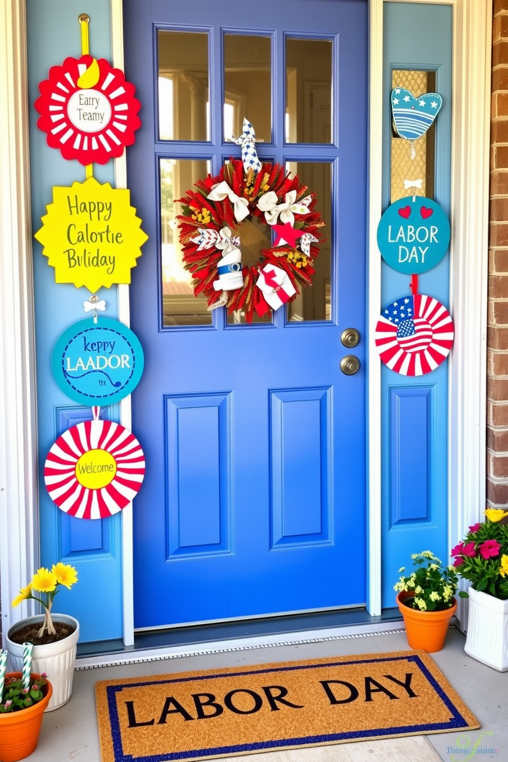 Brightly colored door hangers adorn the entrance, creating a cheerful and inviting atmosphere. Each hanger features vibrant designs and playful patterns that reflect the spirit of Labor Day celebrations. The entryway is decorated with festive elements, including small potted plants and seasonal wreaths. A welcoming mat in bold colors complements the door hangers, setting the tone for a lively holiday gathering.