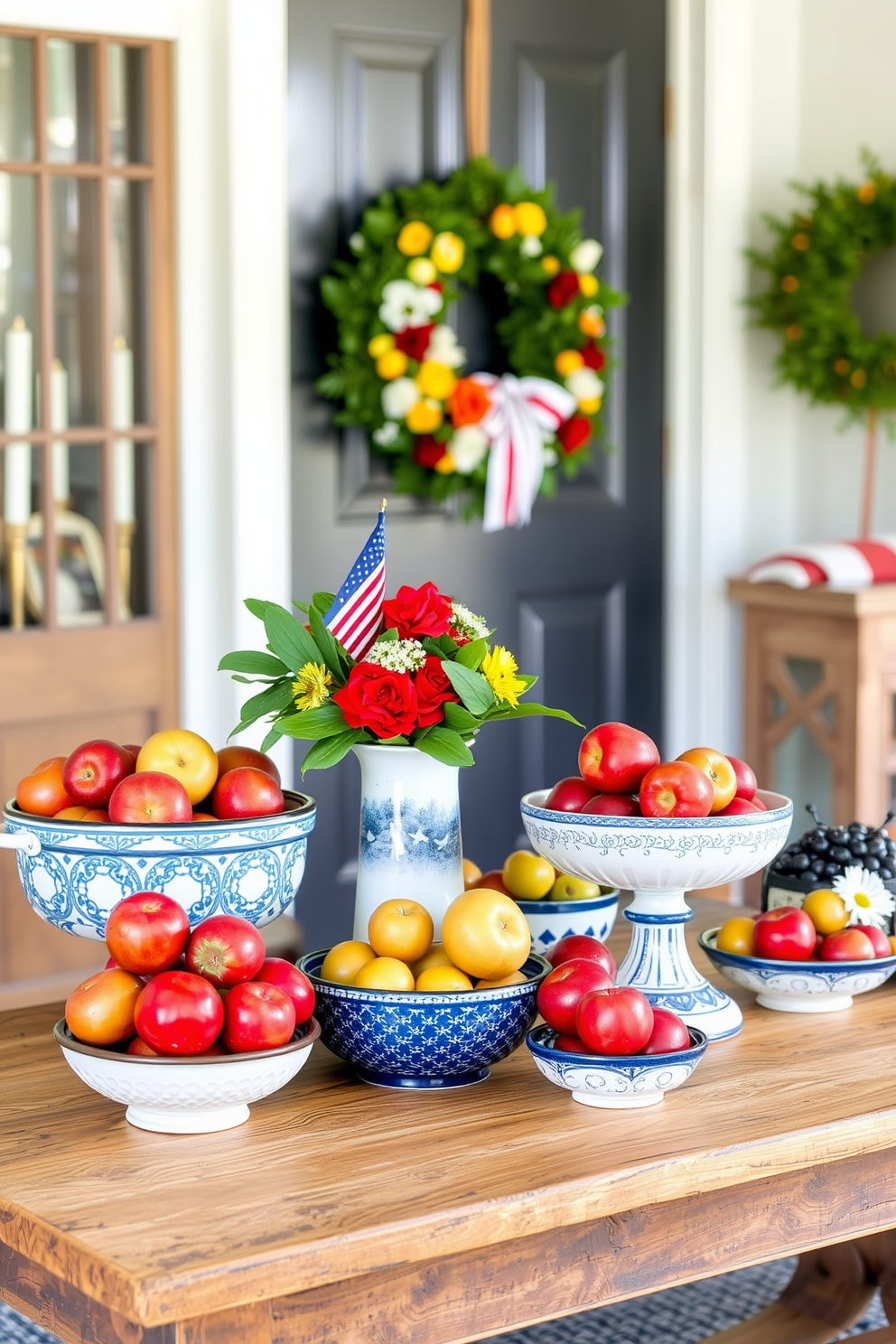 A collection of decorative bowls filled with seasonal fruits is arranged on a rustic wooden table. The vibrant colors of the fruits create a warm and inviting atmosphere, enhancing the overall decor of the space. For a Labor Day entryway, create a welcoming display with red, white, and blue accents. Incorporate seasonal flowers in a vase and hang a festive wreath on the door to celebrate the holiday.