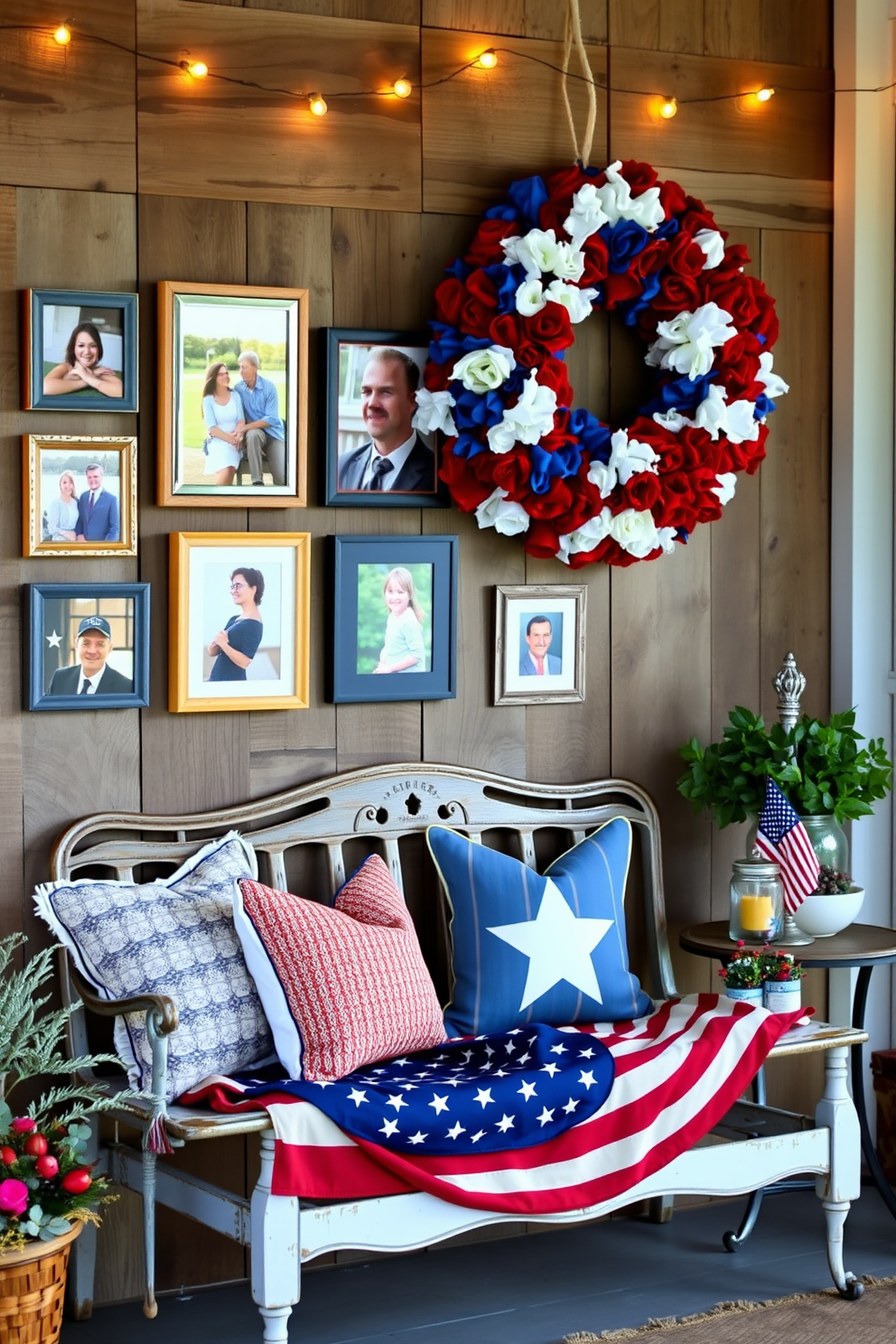 A patriotic themed photo display featuring a collection of framed photographs in red white and blue hues. The display is arranged on a rustic wooden wall with string lights adding a warm glow to the setting. Labor Day entryway decorating ideas showcasing a welcoming atmosphere with a large wreath made of red white and blue flowers. A vintage bench sits against the wall adorned with cozy throw pillows and a small table displaying seasonal decorations.