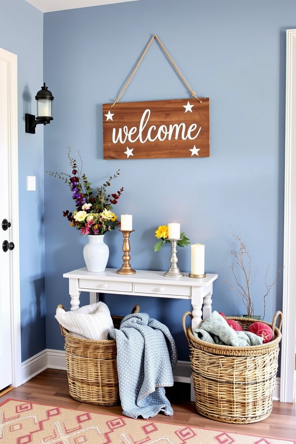 A welcoming entryway adorned with a charming welcome sign featuring star motifs. The sign is crafted from rustic wood and hangs above a small console table decorated with seasonal flowers and candles. The entryway is painted in a soft blue hue, creating a serene atmosphere. A woven basket filled with cozy blankets sits beside the table, inviting guests to feel at home.