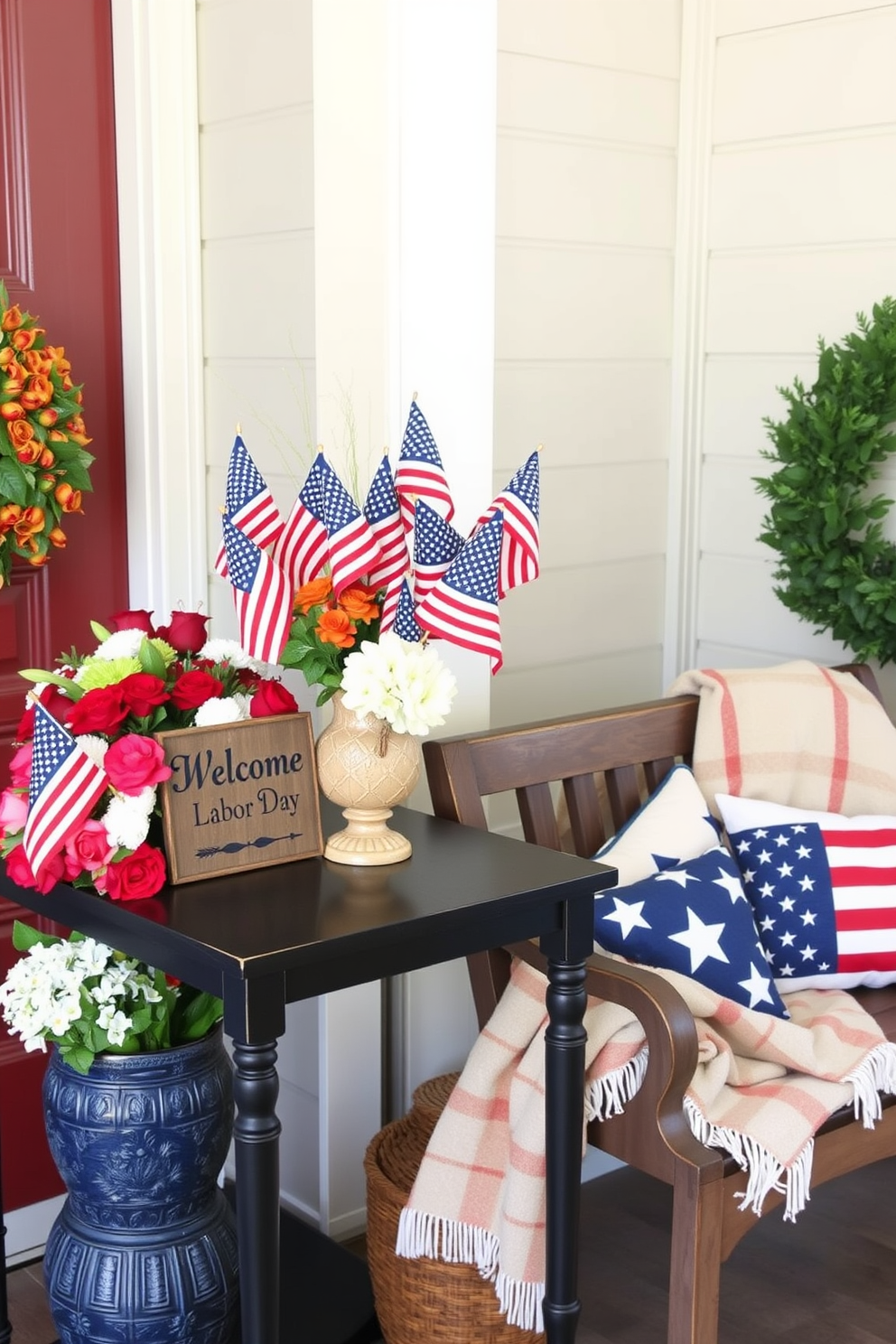 Decorate your entryway with a festive arrangement of mini American flags, creating a welcoming atmosphere for Labor Day. Position the flags in a decorative vase on a console table, complemented by seasonal flowers and a rustic welcome sign. Enhance the space with a patriotic color scheme, using red, white, and blue accents throughout. Incorporate throw pillows with stars and stripes on a nearby bench, and drape a cozy blanket for added comfort.