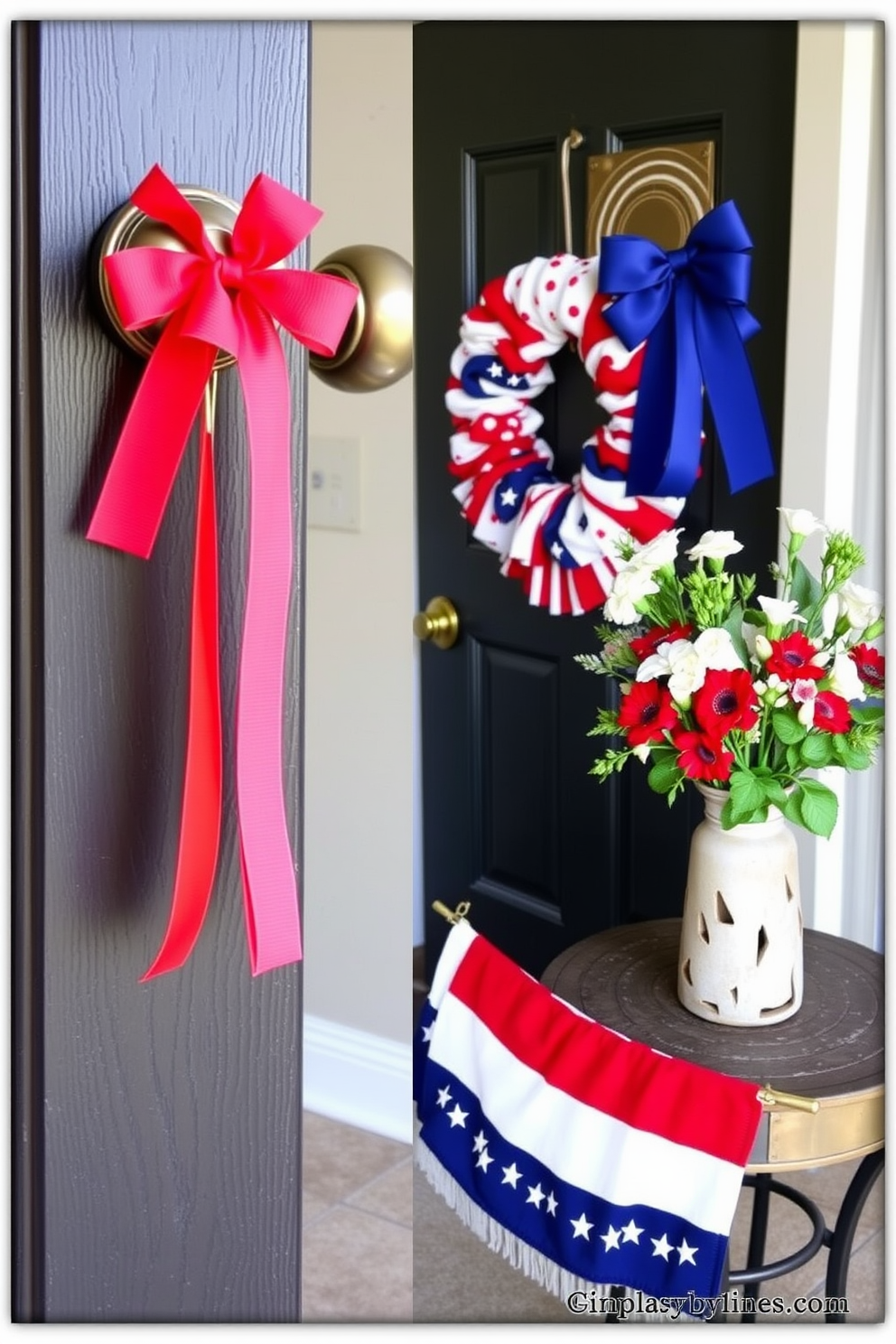 Festive door knobs adorned with colorful ribbons create a welcoming atmosphere. The entryway features a charming display of seasonal decor, including a vibrant wreath and a small table with decorative accents. Labor Day entryway decorating ideas include a patriotic color scheme of red, white, and blue. Incorporate fresh flowers in a rustic vase and hang a themed banner to enhance the festive spirit.