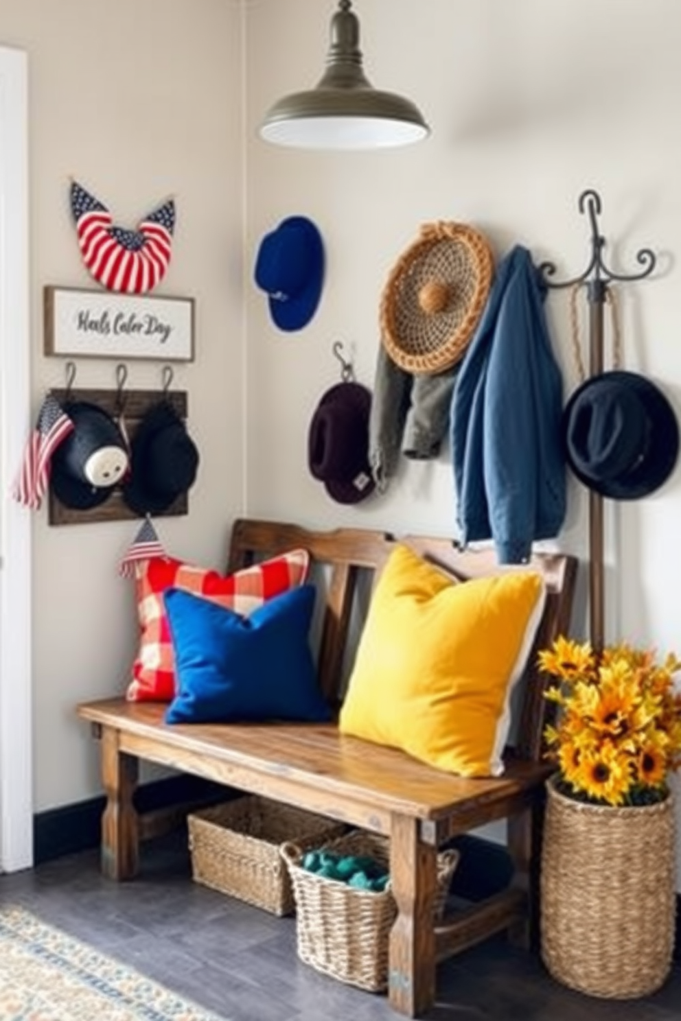 A rustic wooden bench is placed against the wall in the entryway, adorned with plush, colorful cushions for added comfort. The surrounding area features seasonal decorations that celebrate Labor Day, including small American flags and a woven basket filled with autumn leaves. The bench is complemented by a vintage coat rack nearby, showcasing hats and jackets for a warm welcome. Soft lighting from a pendant lamp above creates an inviting atmosphere, enhancing the cozy feel of the space.