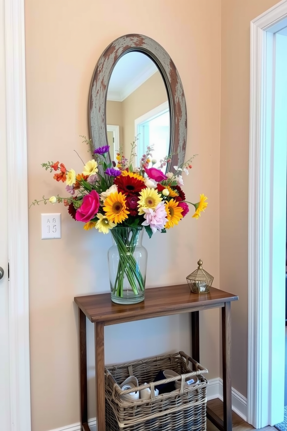 A welcoming entryway adorned with a beautiful vase filled with seasonal flowers. The vase, made of clear glass, sits on a small wooden console table, complemented by a woven basket for shoes beneath it. The walls are painted in a soft beige tone, creating a warm and inviting atmosphere. A rustic mirror hangs above the console table, reflecting the vibrant colors of the flowers and enhancing the space's charm.