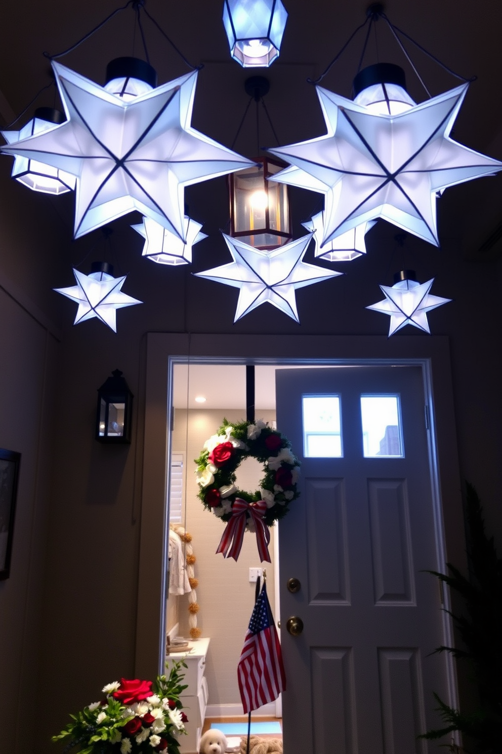 A cozy entryway adorned with star shaped lanterns that cast a warm, inviting glow. The lanterns hang from the ceiling, creating an enchanting atmosphere as guests enter the home. For Labor Day, the entryway is decorated with festive elements such as red, white, and blue accents. A welcoming wreath made of seasonal flowers and a small American flag are placed near the door, enhancing the celebratory spirit.