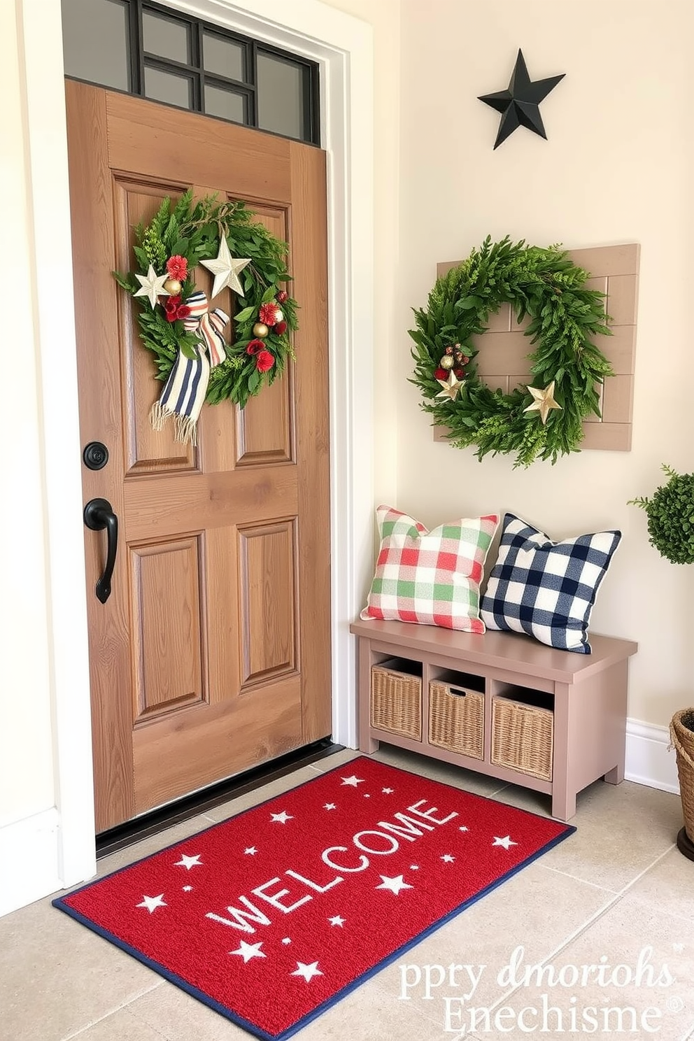 A welcoming entryway features a patriotic-themed welcome mat with vibrant red, white, and blue colors. The mat is placed in front of a rustic wooden door adorned with seasonal wreaths and decorative stars. The walls are painted in a soft cream tone, creating a warm and inviting atmosphere. A small bench with storage sits beside the door, topped with a few decorative pillows in coordinating colors.