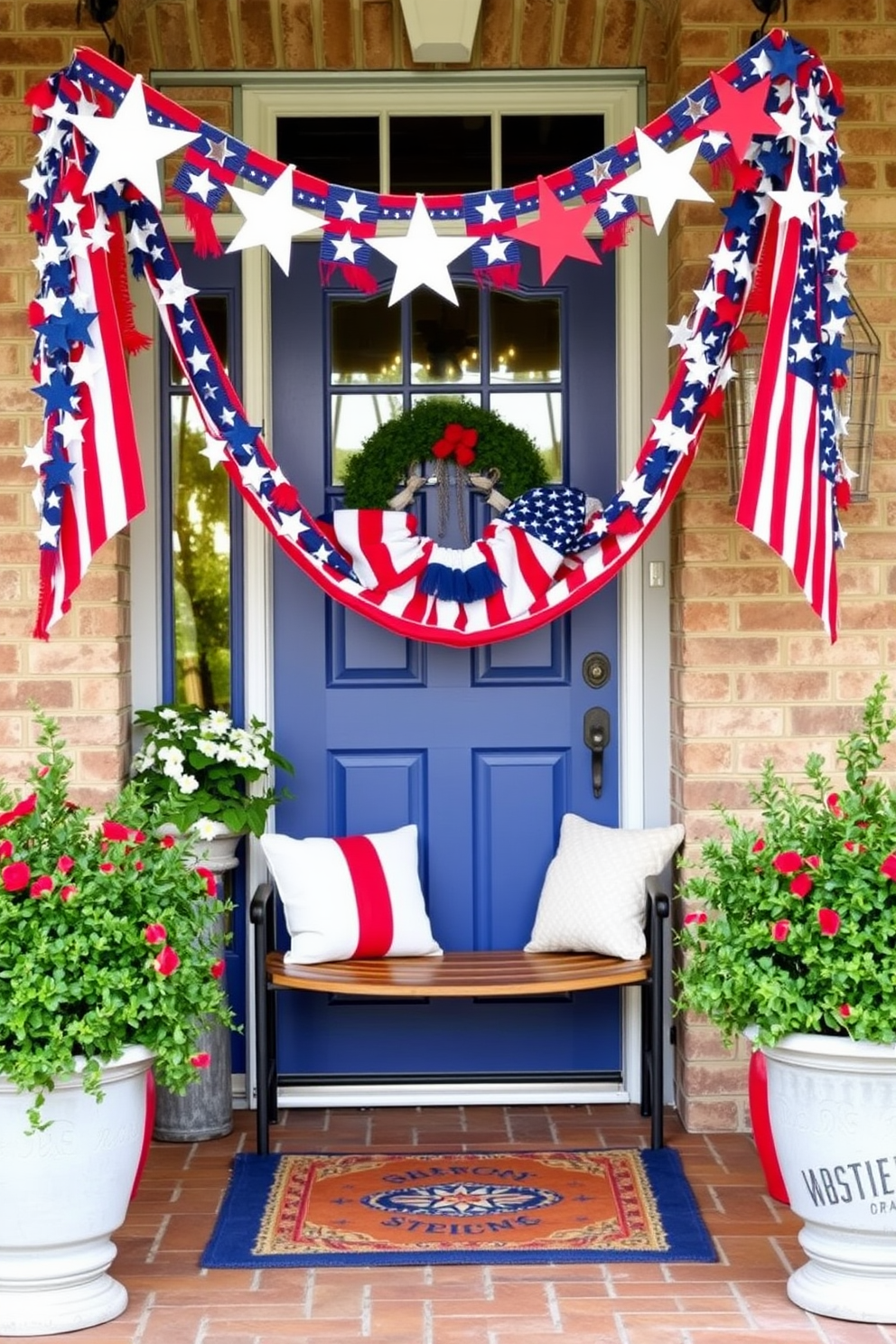 A festive entryway adorned with a hanging stars and stripes garland creates a welcoming atmosphere for Labor Day celebrations. The garland drapes gracefully across the doorway, adding a touch of patriotic flair to the space. Bright red and blue accents complement the garland, with a rustic bench positioned nearby for guests to sit. Potted plants flank the entrance, enhancing the cheerful and inviting vibe of the decor.