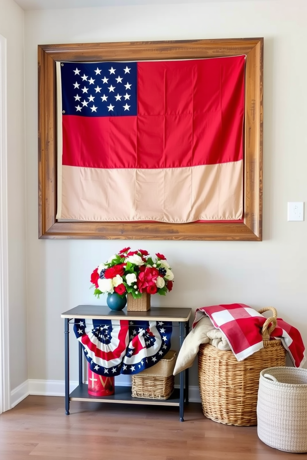 A vintage flag is elegantly displayed in a rustic wooden frame, adding a touch of history to the space. The entryway is adorned with seasonal Labor Day decorations, featuring red, white, and blue accents that create a welcoming atmosphere. A small console table is positioned beneath the framed flag, decorated with a bouquet of fresh flowers in patriotic colors. To the side, a woven basket holds cozy blankets, inviting guests to feel at home as they enter.