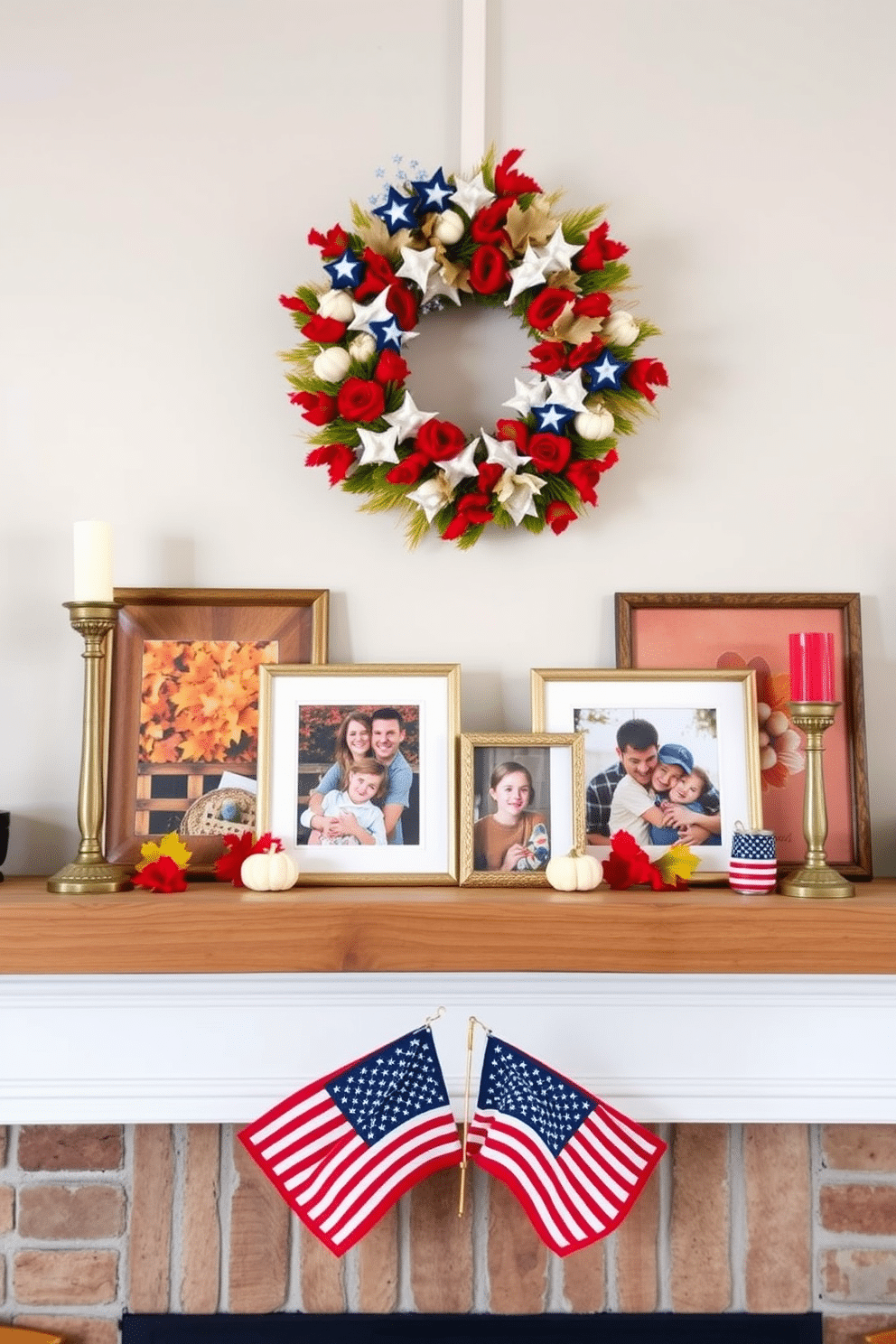 Framed family photos in fall themes are arranged on a rustic wooden mantel. The photos feature warm autumn colors, surrounded by small pumpkins and vibrant leaves for a cozy seasonal touch. Labor Day fireplace decorating ideas include a classic arrangement of red, white, and blue accents. A wreath made of stars and stripes hangs above the mantel, complemented by candles in patriotic colors on either side.