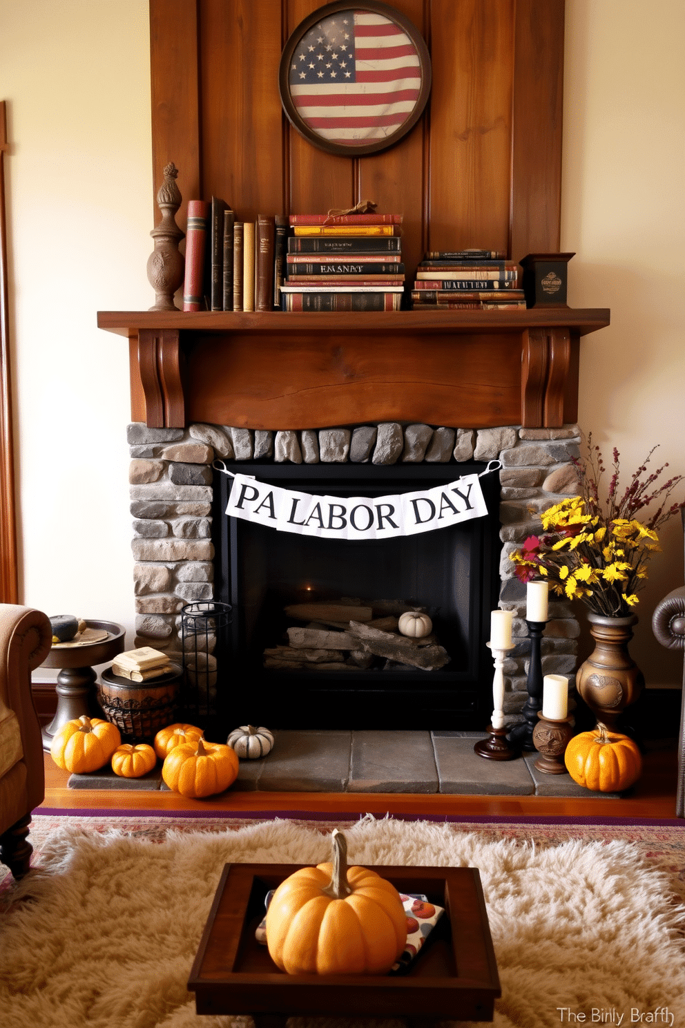 A cozy living room scene featuring a rustic fireplace adorned with vintage books stacked neatly on the hearth. The fireplace is surrounded by warm wooden accents and a soft, inviting rug that complements the earthy tones of the room. Decorative elements include a collection of autumn-themed decor celebrating Labor Day, such as small pumpkins and candles placed around the fireplace. The walls are painted in a soft beige, enhancing the warm and welcoming atmosphere of the space.