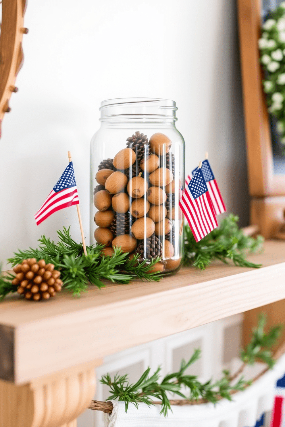 A glass jar filled with acorns and pinecones sits on a rustic wooden shelf. The warm tones of the acorns and pinecones contrast beautifully with the natural wood, creating a cozy autumn atmosphere. For Labor Day fireplace decorating ideas, imagine a charming mantel adorned with red, white, and blue accents. Fresh greenery and small American flags add a festive touch while maintaining a sophisticated look.