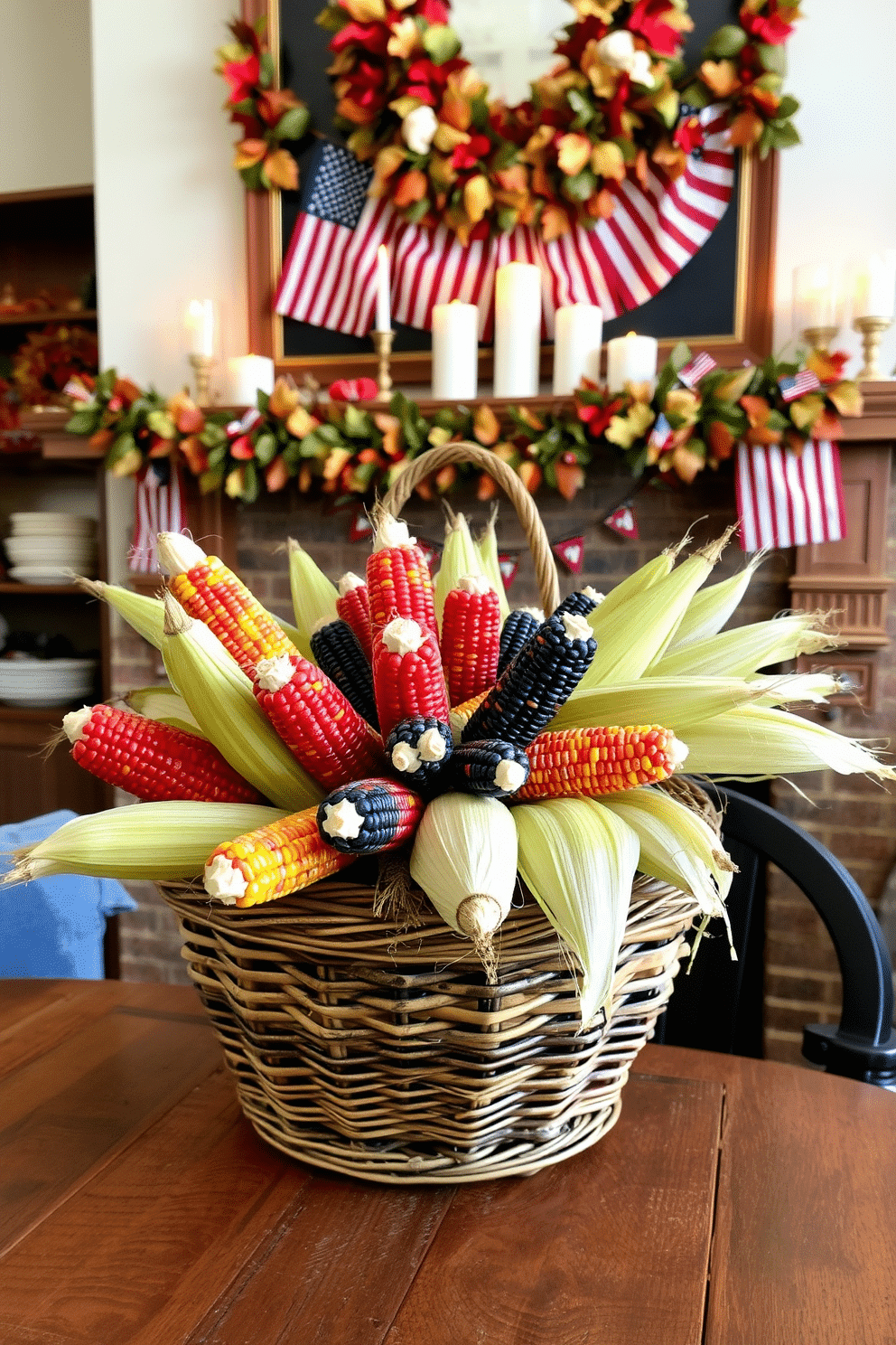 A vibrant basket filled with colorful corn husks sits on a rustic wooden table. The warm hues of the corn contrast beautifully with the natural textures of the basket, creating a cozy autumnal feel. The fireplace is adorned with seasonal decorations for Labor Day, featuring red, white, and blue accents. A garland of leaves and small flags drapes elegantly across the mantel, complemented by candles in varying heights for a warm glow.