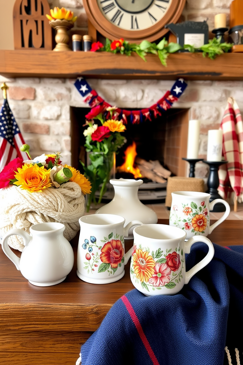 Charming ceramic mugs for hot drinks. The mugs are hand-painted with intricate floral designs, showcasing vibrant colors and unique shapes that add a personal touch to any kitchen. Labor Day fireplace decorating ideas. The fireplace is adorned with rustic wooden accents, seasonal flowers in warm tones, and cozy throw blankets draped over the mantel, creating an inviting atmosphere for gatherings.