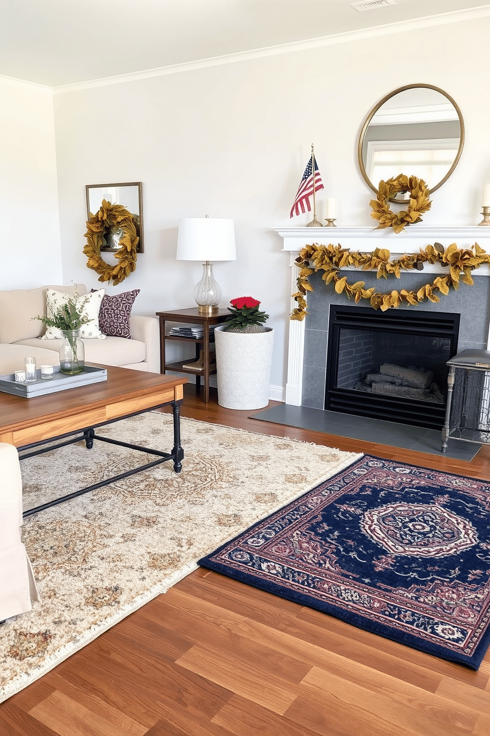 A cozy living room featuring layered rugs in various textures and colors to add warmth and depth to the space. The rugs are artfully arranged beneath a plush sofa and a wooden coffee table, creating an inviting atmosphere. A stylish fireplace adorned with seasonal decorations for Labor Day. The mantel is decorated with small American flags, rustic candles, and a garland of autumn leaves, enhancing the festive spirit of the room.