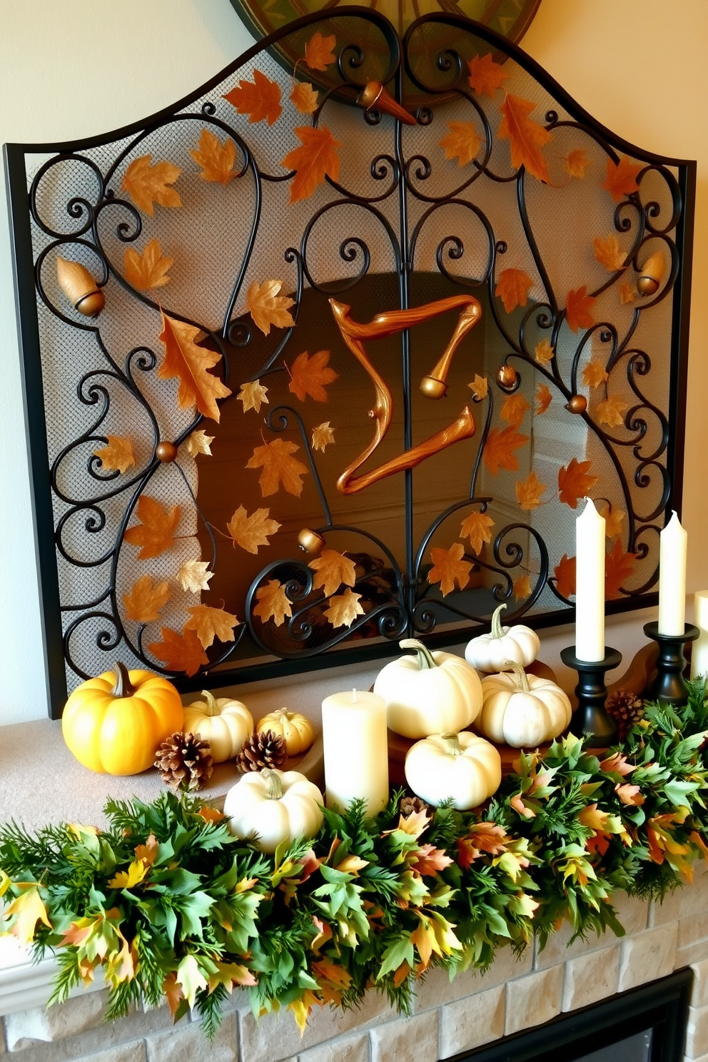 A cozy living room featuring a fireplace screen adorned with autumn motifs. The screen is crafted from wrought iron, showcasing intricate leaves and acorns, creating a warm and inviting atmosphere. On the mantel, a collection of seasonal decorations is displayed, including small pumpkins and pinecones. Soft, neutral-toned candles are arranged alongside a garland of fall foliage, enhancing the festive feel of the space.