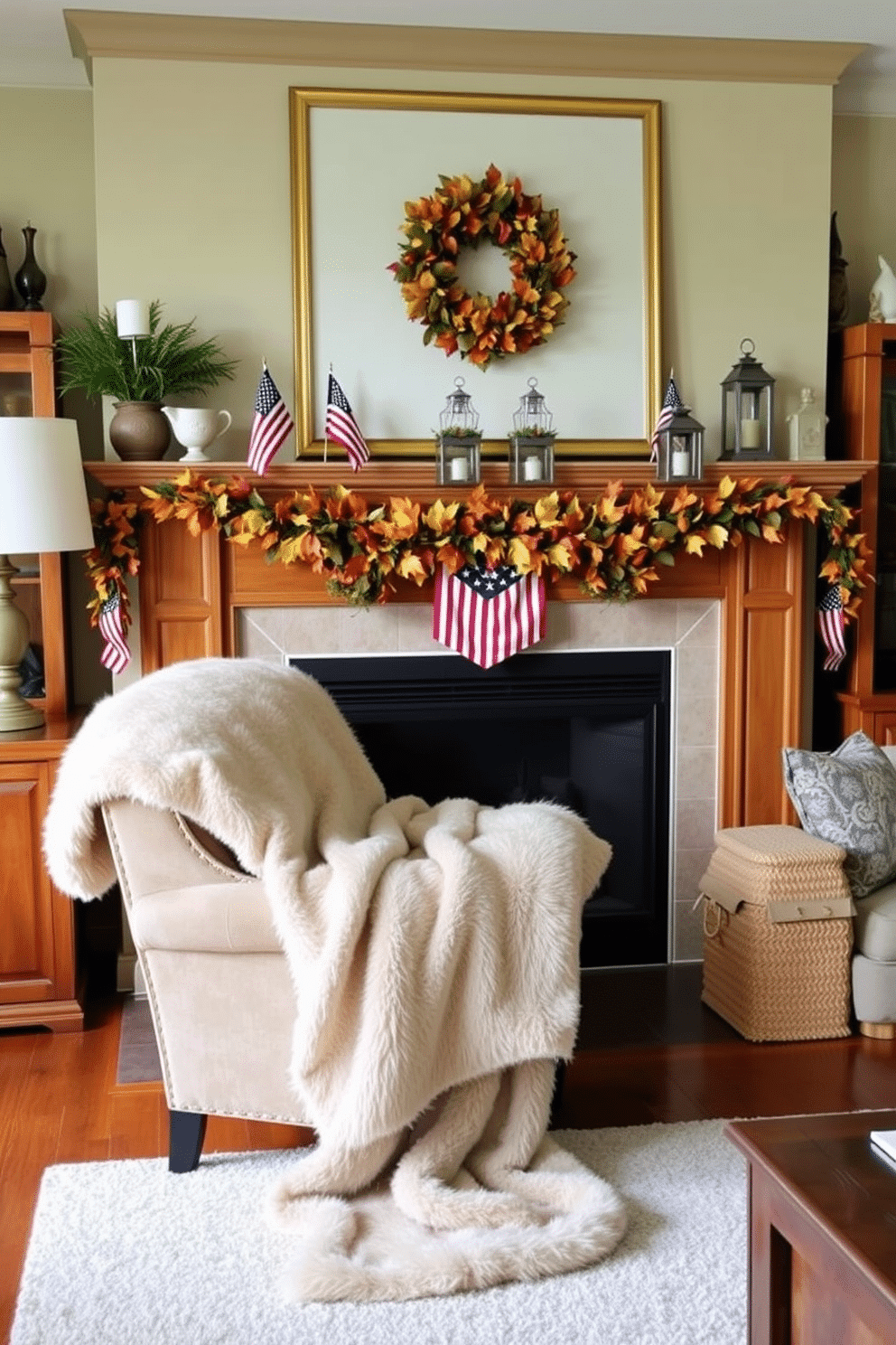 A cozy living room scene featuring a soft faux fur throw draped over a plush armchair. The throw is in a neutral tone, complementing the warm wooden accents of the room. A beautifully decorated fireplace adorned with seasonal decor for Labor Day. The mantel is styled with small American flags, rustic lanterns, and a garland of autumn leaves.