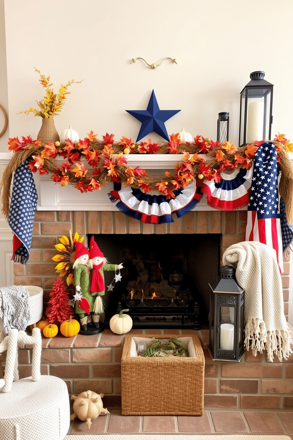 A charming fireplace mantel adorned with miniature scarecrows creates a festive autumn atmosphere. The scarecrows are dressed in colorful fabric outfits, surrounded by an array of seasonal decorations like small pumpkins and vibrant fall leaves. Incorporate cozy elements for Labor Day by adding red, white, and blue accents to the mantel. Soft, textured throws and rustic lanterns enhance the inviting feel, making it a perfect gathering spot for family and friends.