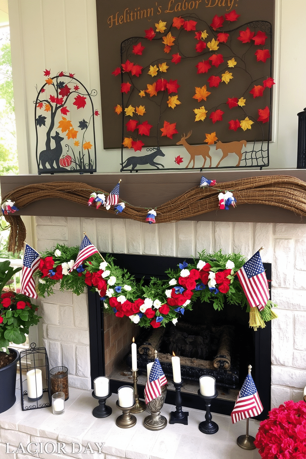 Artistic metal sculptures depicting vibrant autumn scenes are positioned strategically in an outdoor garden setting. The sculptures feature intricate designs of falling leaves and wildlife, capturing the essence of the season. For Labor Day, the fireplace is adorned with a rustic garland made of red, white, and blue flowers. Surrounding the mantel are various decorative elements, including small American flags and candles in festive holders.