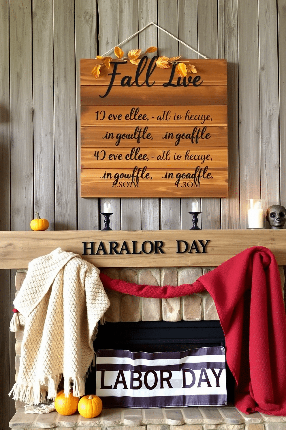 A rustic wooden sign featuring inspirational fall quotes hangs on a weathered barn wall. The sign is adorned with autumn leaves and has a warm, inviting color palette that complements the rustic decor. For Labor Day, a cozy fireplace is decorated with seasonal elements. Plush blankets in rich hues are draped over the mantel, and small pumpkins and candles are arranged to create a festive atmosphere.