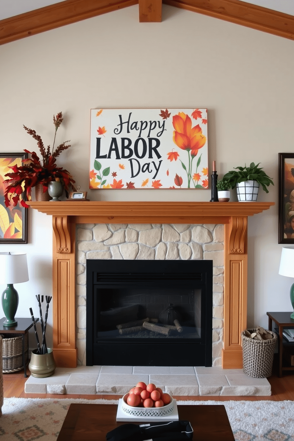 A cozy living room featuring a traditional fireplace with a warm wooden mantel. Above the fireplace, seasonal artwork celebrating Labor Day is displayed, showcasing vibrant colors and themes of autumn.