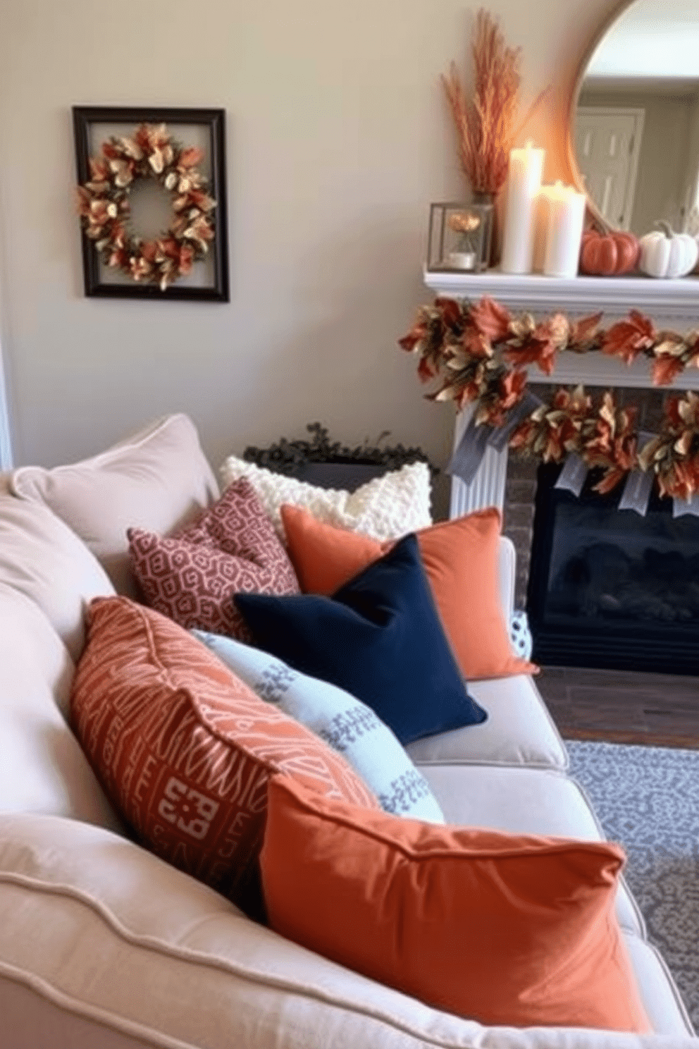 Cozy seating area with plush cushions. A soft sectional sofa is adorned with an array of colorful throw pillows, creating an inviting atmosphere for relaxation. Labor Day fireplace decorating ideas. The mantel is adorned with seasonal decor, featuring small pumpkins, candles, and a garland of autumn leaves, enhancing the warm ambiance of the room.