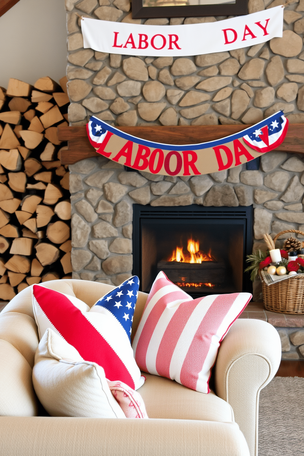 A cozy living room featuring natural wood logs stacked neatly beside a rustic stone fireplace. The warm glow of the fire illuminates the space, creating a welcoming atmosphere perfect for gatherings. Decorative accents celebrate Labor Day, with red, white, and blue throw pillows on a plush sofa and a festive banner draped above the mantel. A woven basket filled with seasonal decor sits nearby, enhancing the holiday spirit.