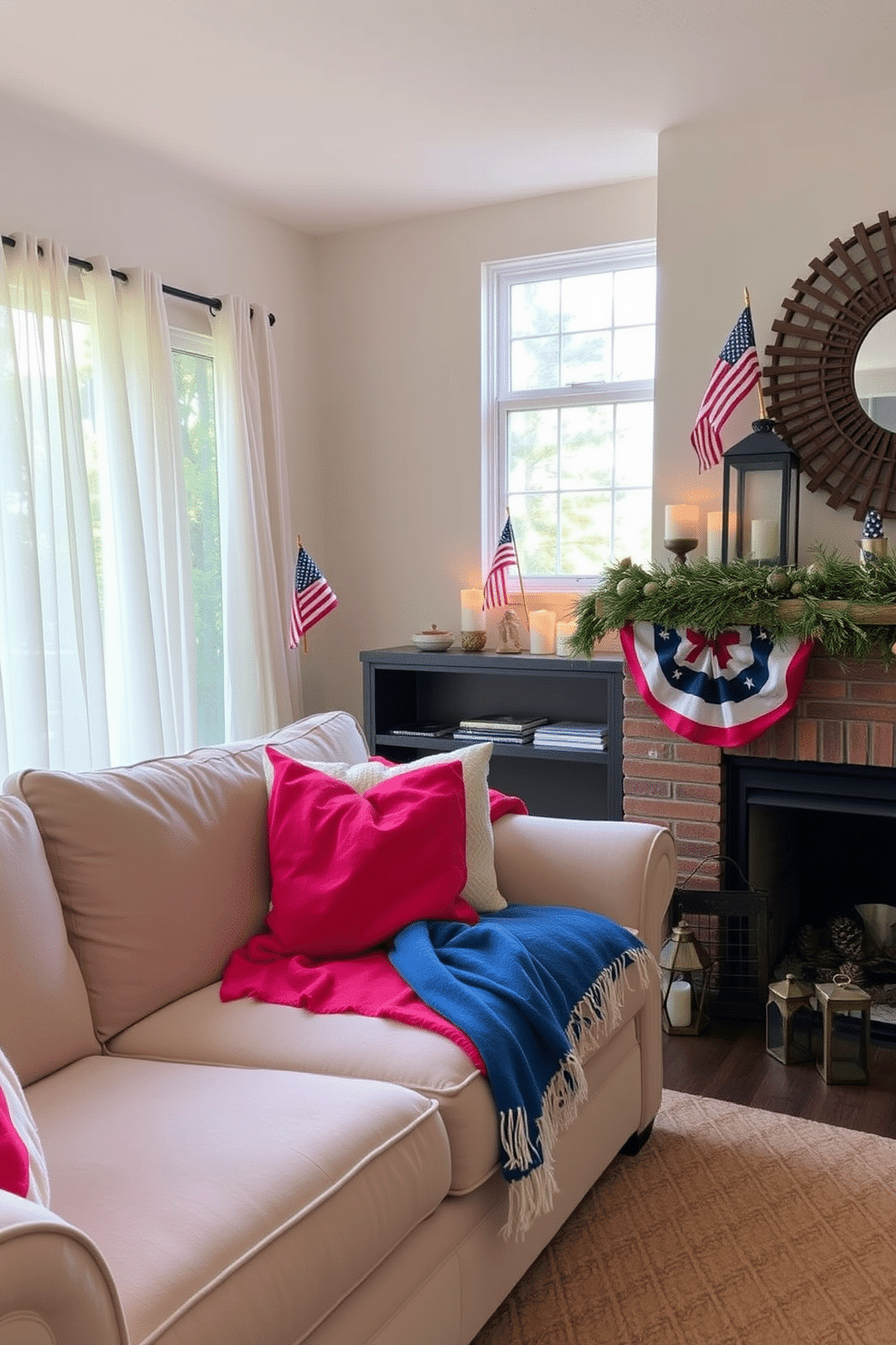 Brightly colored throw blankets are draped over a plush, neutral-toned sofa, adding a vibrant pop to the cozy living room. The space features a large window with sheer curtains that allow natural light to filter in, enhancing the cheerful atmosphere. For Labor Day, the fireplace is adorned with seasonal decorations, including miniature American flags and rustic lanterns. A warm, inviting arrangement of candles and pinecones rests on the mantel, creating a festive yet relaxed vibe for gatherings.