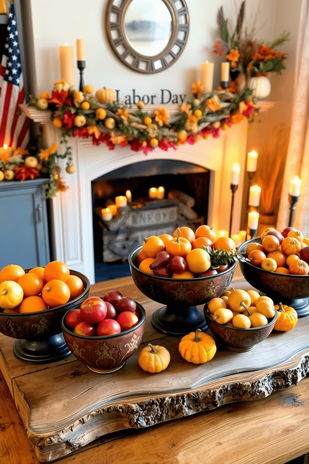 A collection of decorative bowls filled with seasonal fruit arranged on a rustic wooden table. The vibrant colors of the fruit create a lively contrast against the natural tones of the wood. Cozy Labor Day fireplace decorated with an array of autumn-themed accents. Warm-toned candles and small pumpkins are artfully placed around the fireplace, enhancing the inviting atmosphere.