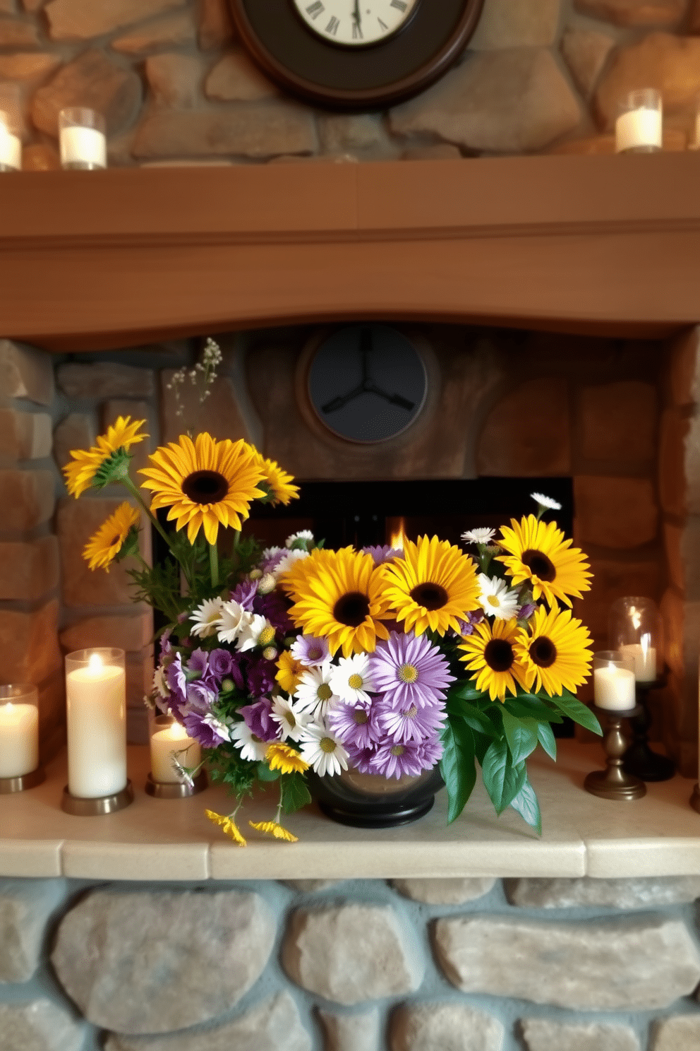 A cozy hearth adorned with fresh seasonal flowers in vibrant hues. The arrangement includes sunflowers and daisies, bringing a cheerful touch to the rustic stone fireplace. Soft candlelight flickers around the fireplace, creating a warm and inviting atmosphere. The mantel is decorated with simple yet elegant accents, complementing the natural beauty of the flowers.