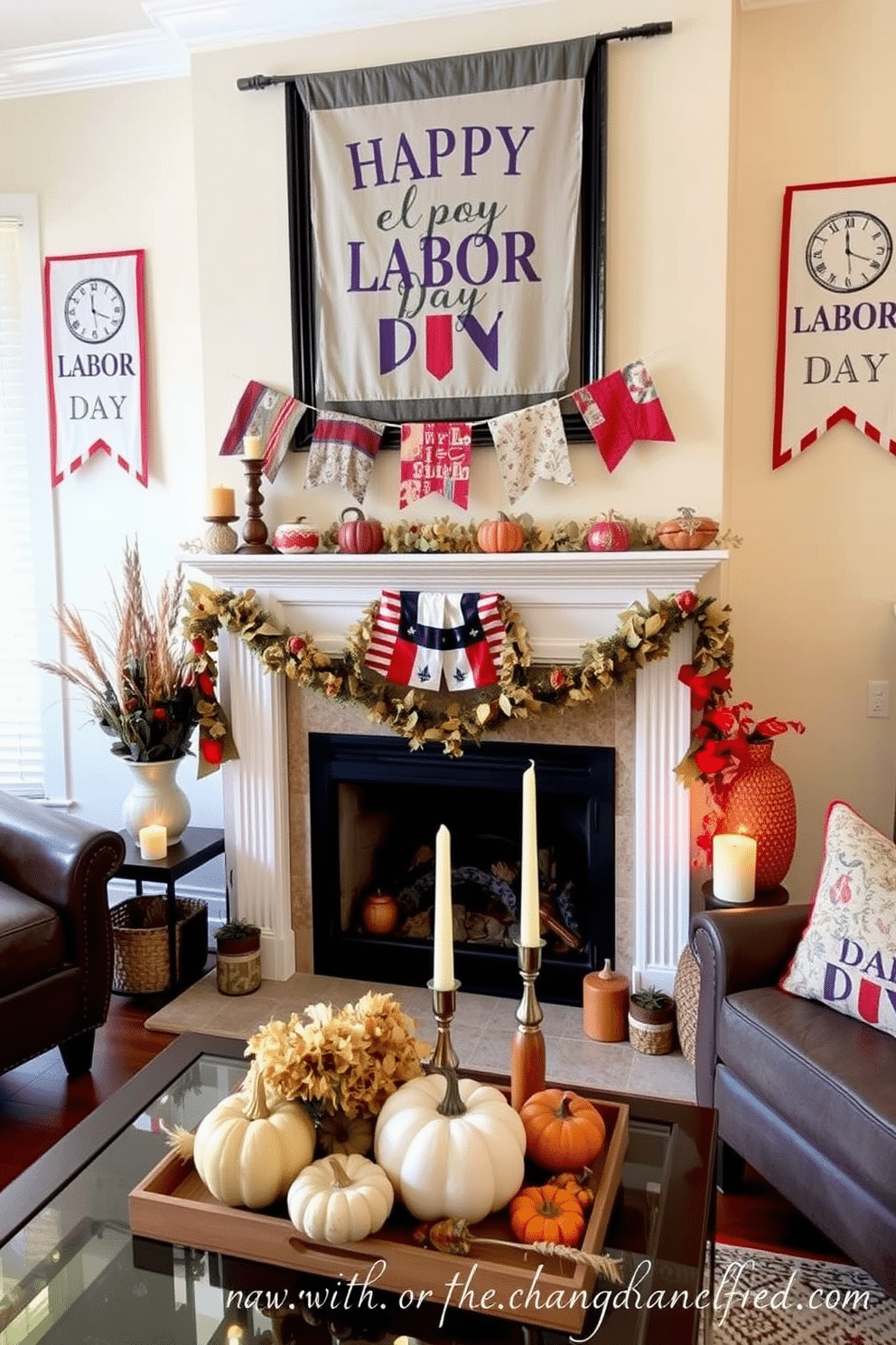 A cozy living room setting adorned with seasonal fabric banners that celebrate Labor Day. The fireplace is elegantly decorated with an assortment of autumn-themed accents, including small pumpkins and warm-toned candles.