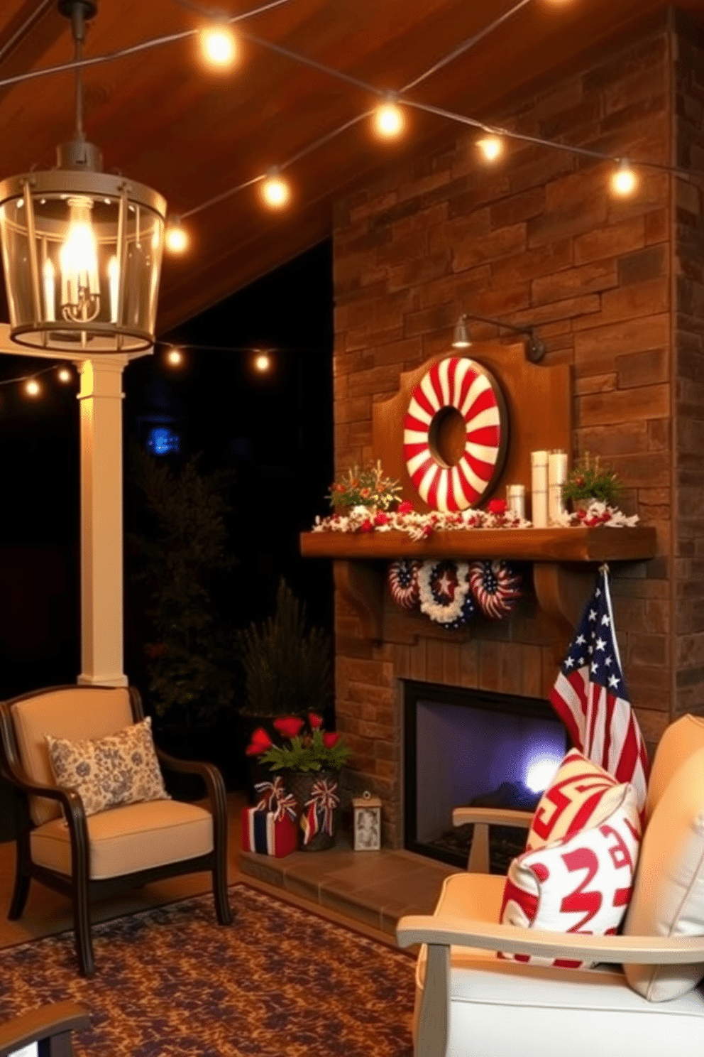 A cozy outdoor patio setting illuminated by soft mood lighting from string lights strung overhead. The warm glow creates an inviting atmosphere, perfect for evening gatherings with friends and family. A beautifully decorated fireplace for Labor Day featuring a rustic mantel adorned with seasonal decorations. Bright red, white, and blue accents complement the natural wood tones, creating a festive and welcoming focal point for the room.