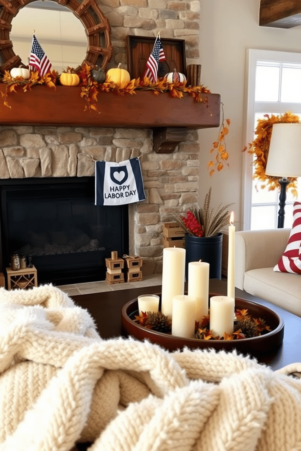 A cozy living room setting featuring a rustic fireplace adorned with seasonal decorations for Labor Day. The mantel is decorated with small American flags, pumpkins, and autumn leaves, creating a festive atmosphere. On the coffee table, an arrangement of scented candles in various heights adds a warm aroma to the space. Soft, plush blankets are draped over the couch, inviting relaxation and comfort during the holiday gathering.