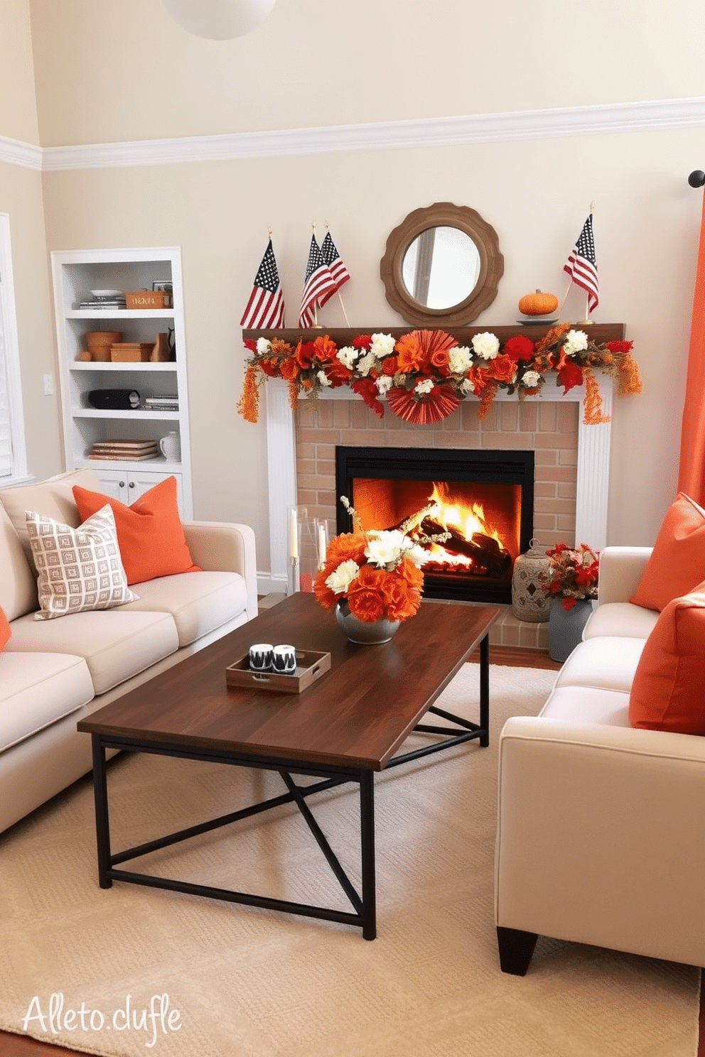 A cozy living room featuring neutral tones complemented by pops of vibrant orange. The space includes a plush beige sofa adorned with orange throw pillows, and a stylish coffee table sits in front of a warm fireplace. The fireplace is decorated with seasonal accents for Labor Day, including small American flags and tasteful orange and white flowers. A soft area rug in neutral shades anchors the seating area, creating a welcoming atmosphere for gatherings.