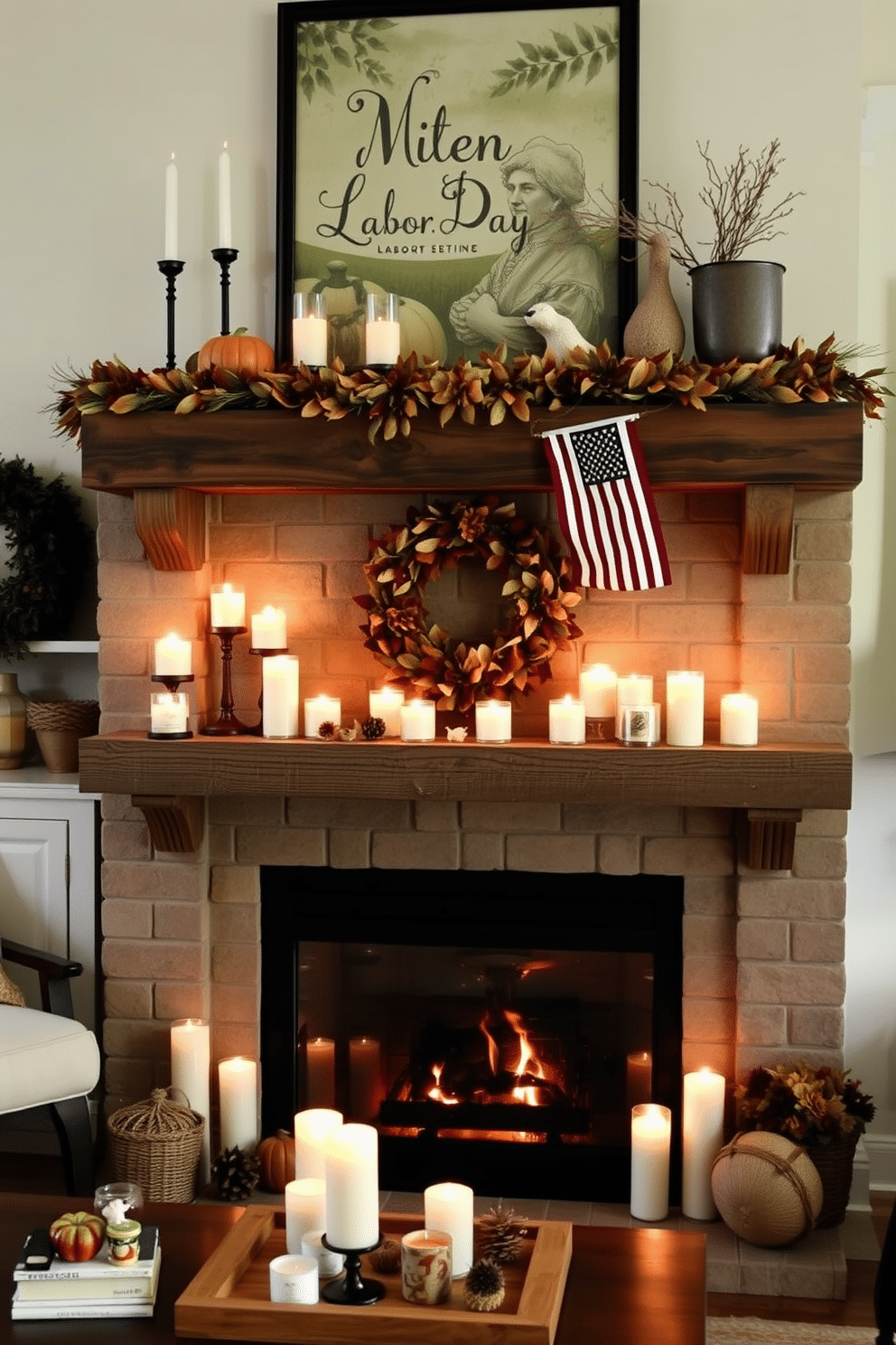 Create a cozy living room setting featuring a fireplace adorned with candles of varying heights to enhance the ambiance. The fireplace is surrounded by a rustic wooden mantle decorated with autumn-themed accents and seasonal decor for Labor Day.