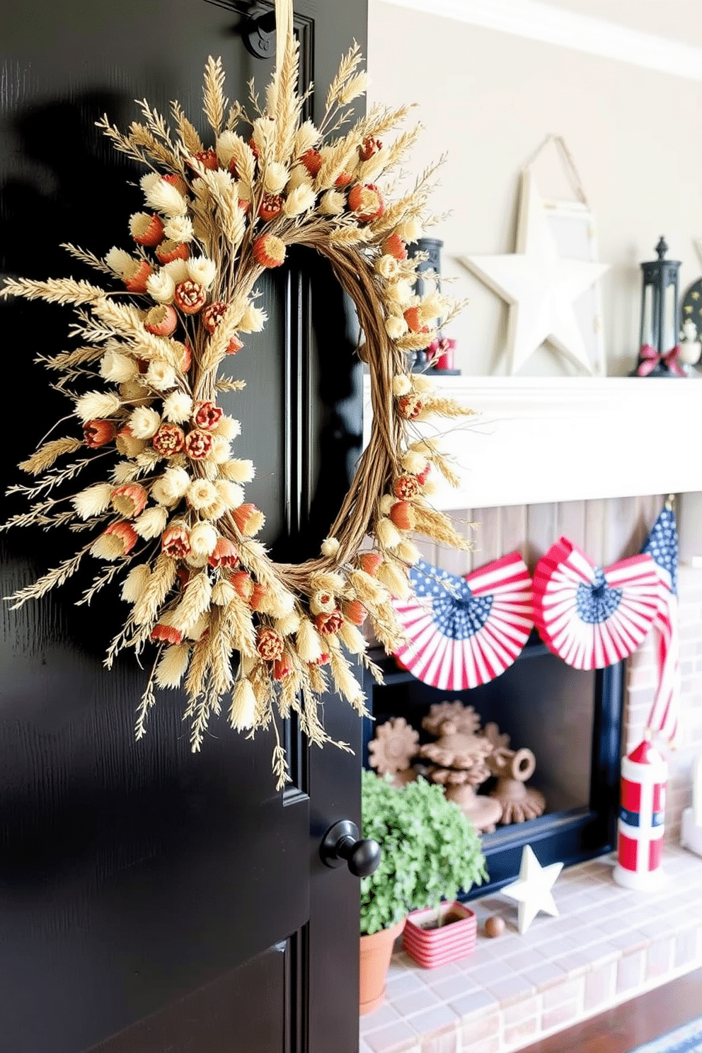 A seasonal wreath made of dried flowers hangs gracefully on the front door. The natural tones of the flowers create a warm and inviting atmosphere for guests. For Labor Day, the fireplace is adorned with patriotic-themed decorations. Red, white, and blue accents complement the cozy setting, making it perfect for holiday gatherings.