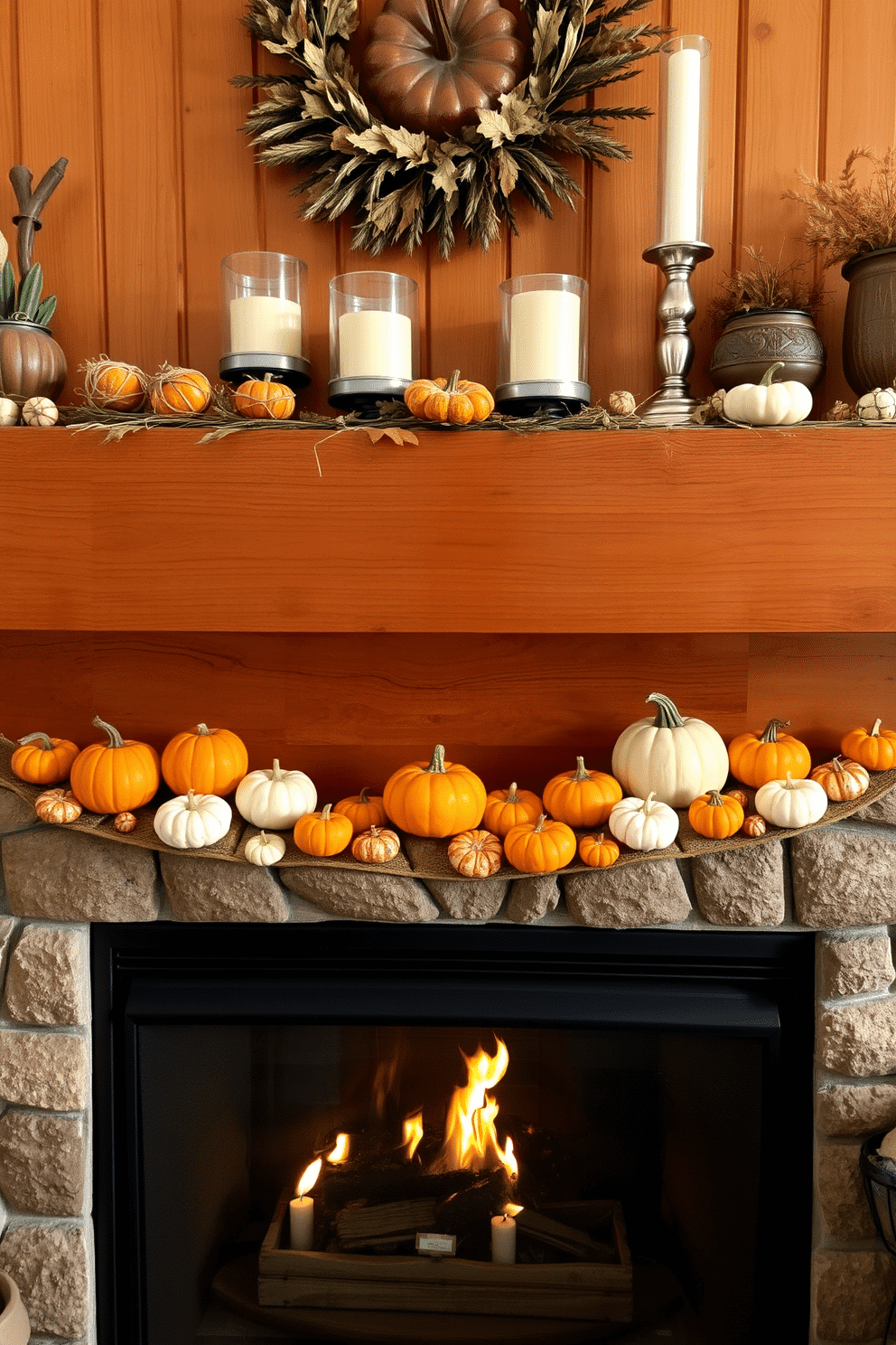 A cozy fireplace adorned with small pumpkins in various shades of orange and white. The pumpkins are artfully arranged on the ledge, complemented by a backdrop of warm wood and autumn-themed decor. Above the fireplace, a rustic mantel showcases seasonal decorations, including dried leaves and candles. Soft lighting casts a gentle glow, enhancing the inviting atmosphere of the room.