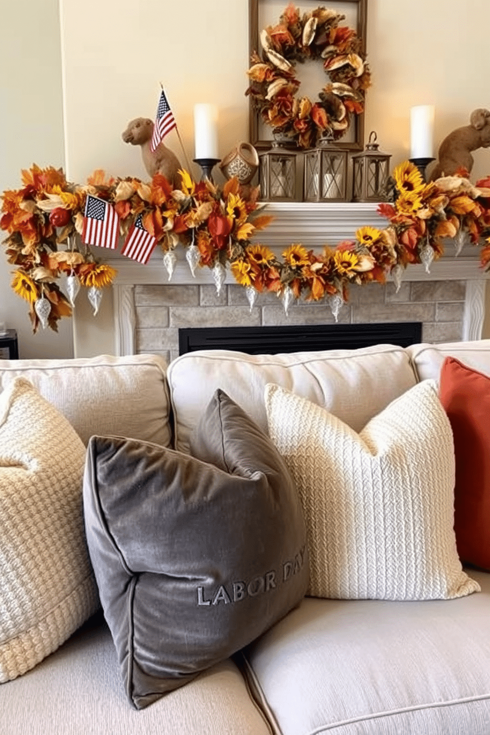 Textured throw pillows in warm colors are arranged on a plush, neutral-toned sofa, creating a cozy and inviting atmosphere. The pillows feature a mix of patterns and fabrics, including soft velvets and woven textures, enhancing the warmth of the space. For Labor Day, the fireplace is adorned with seasonal decorations, including small American flags and rustic lanterns. A garland of autumn leaves and sunflowers drapes elegantly across the mantel, adding a festive touch to the room.