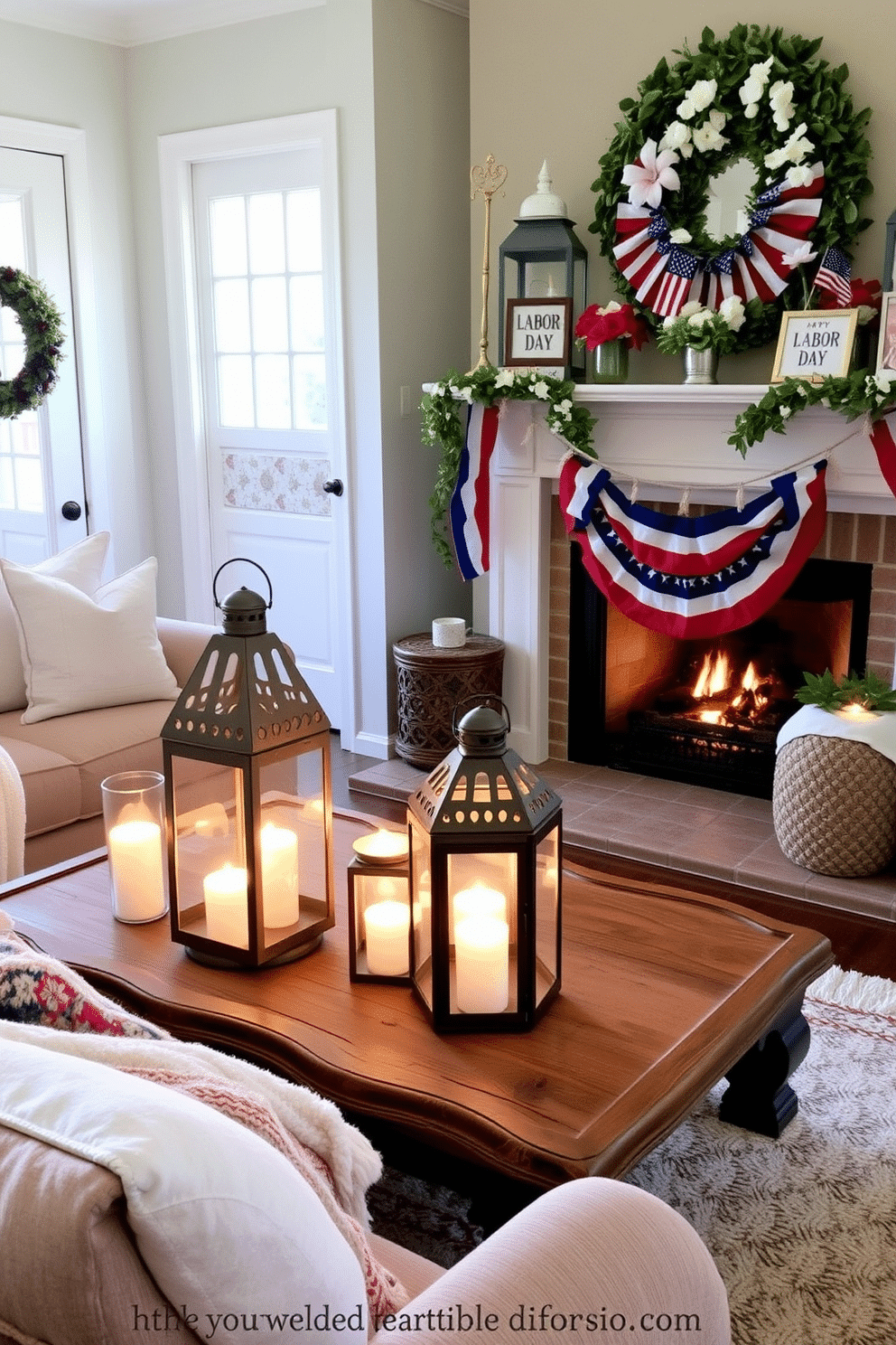 A cozy living room setting featuring decorative lanterns that cast a warm and inviting glow. The lanterns are arranged on a rustic wooden coffee table, surrounded by plush cushions and a soft throw blanket. A beautifully styled fireplace adorned with seasonal decorations for Labor Day. The mantel is decorated with red, white, and blue accents, including small flags and fresh flowers, creating a festive and welcoming atmosphere.