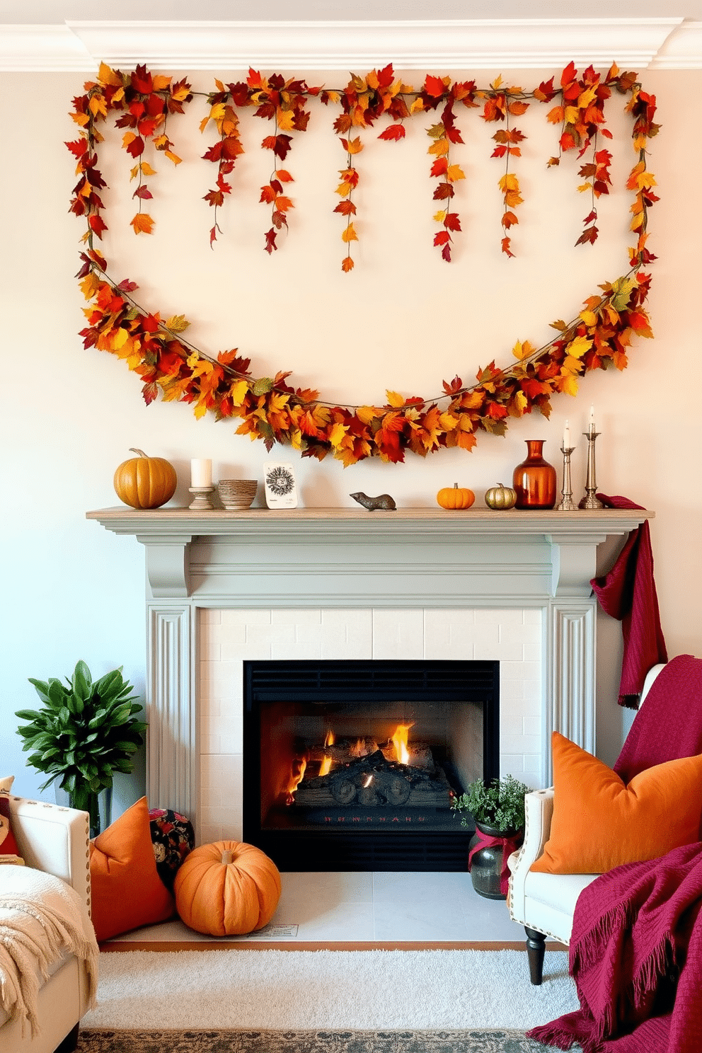 A cozy living room adorned with a hanging garland of colorful leaves drapes elegantly across the mantelpiece. The fireplace below is warmly lit, creating an inviting atmosphere perfect for gathering with friends and family. Decorative accents in autumn hues are thoughtfully arranged around the fireplace, enhancing the seasonal charm. Plush throws and decorative pillows in rich shades of orange and burgundy invite comfort and relaxation.