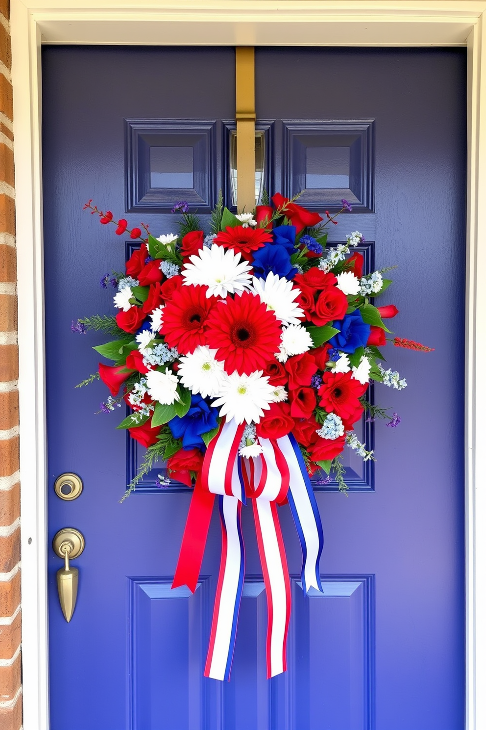 A vibrant front door adorned with a patriotic wreath featuring bold red white and blue colors. The wreath is made of fresh flowers and ribbons creating a festive and welcoming atmosphere for Labor Day celebrations.