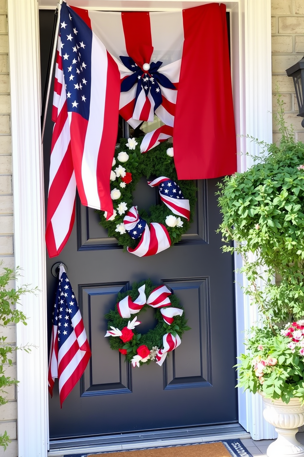 A welcoming front door adorned with vibrant flags celebrating Labor Day. The flags, featuring red white and blue colors, flutter gently in the breeze while a festive wreath adds a touch of seasonal charm.